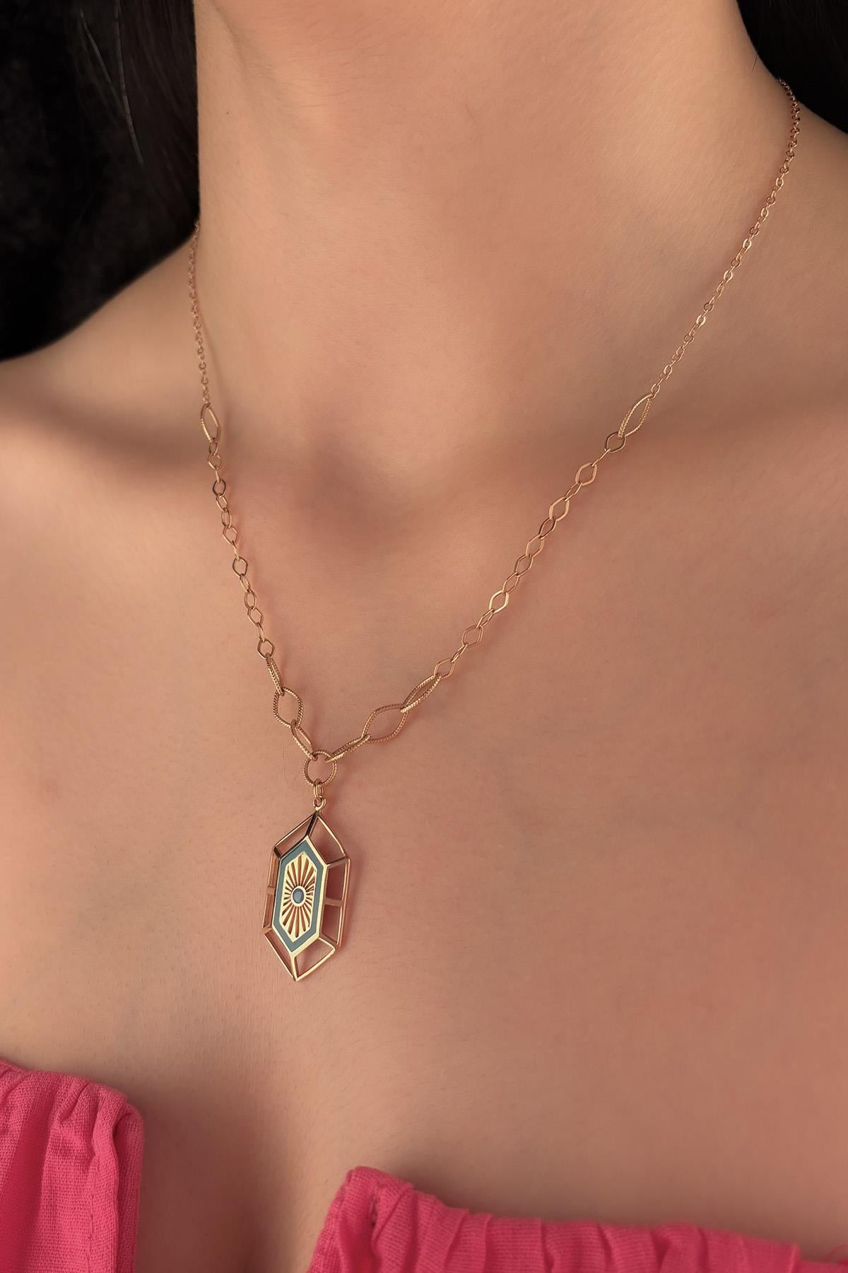 14K Gold Hexagon Necklace With Turquoise Stone