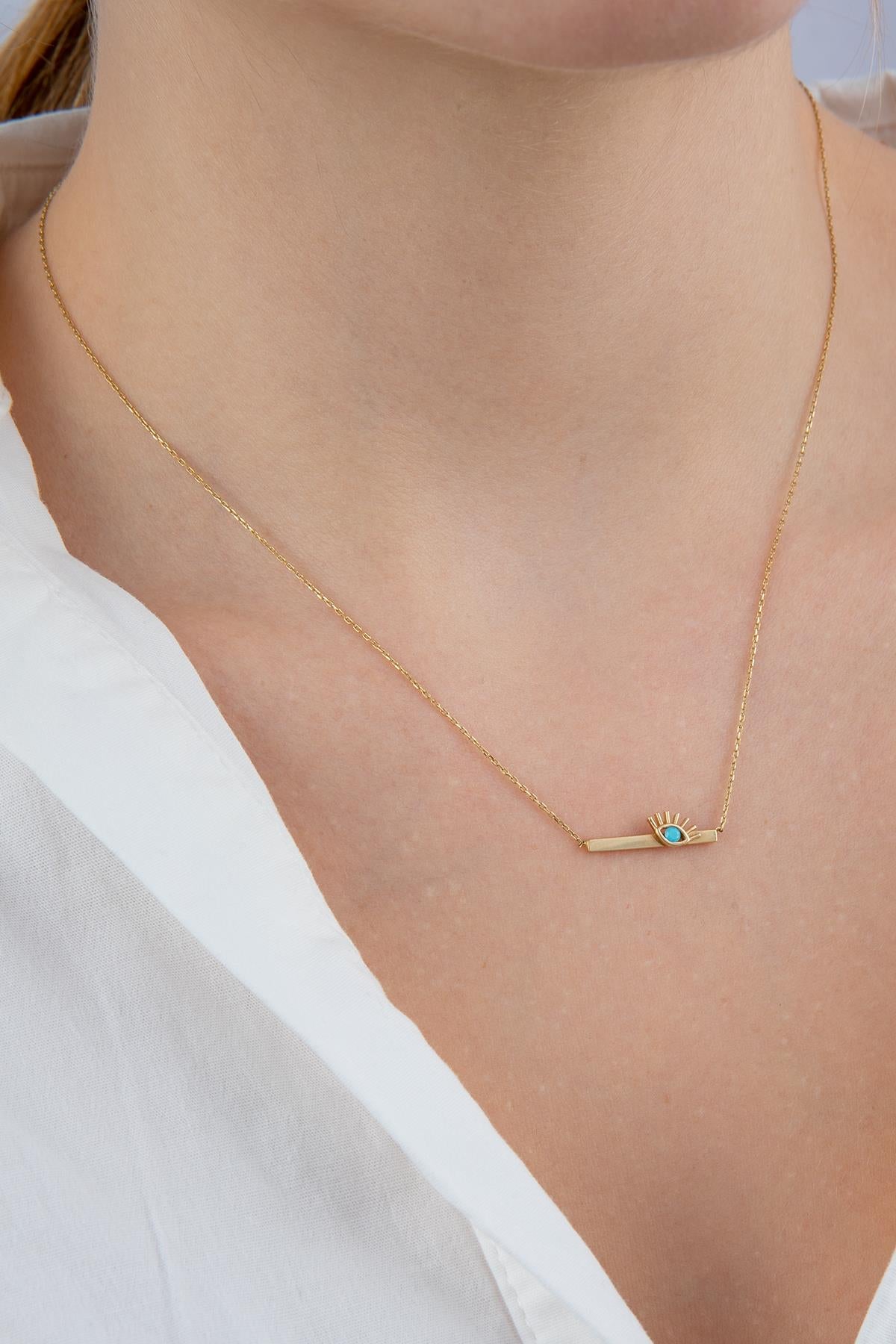 14K Gold Horizontal Bar Evil Eye Necklace