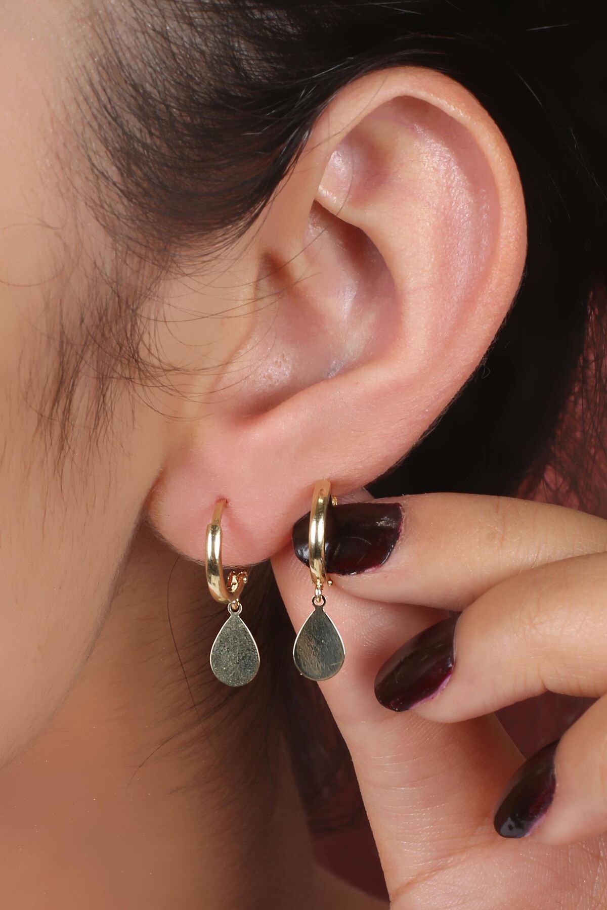 14K Gold Huggie Earrings Drop Shape Dangle