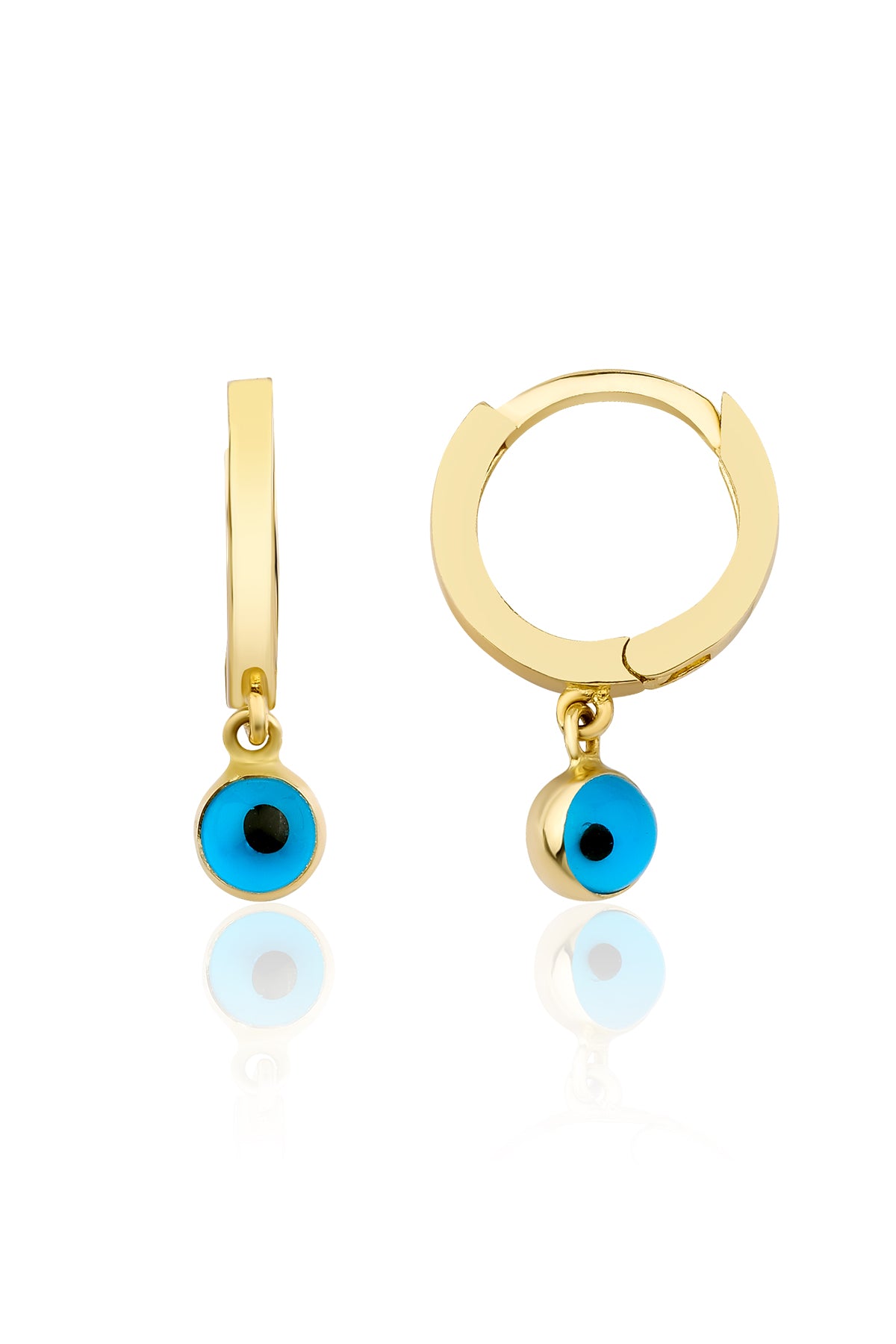 14K Gold Huggie Earrings Evil Eye Dangle