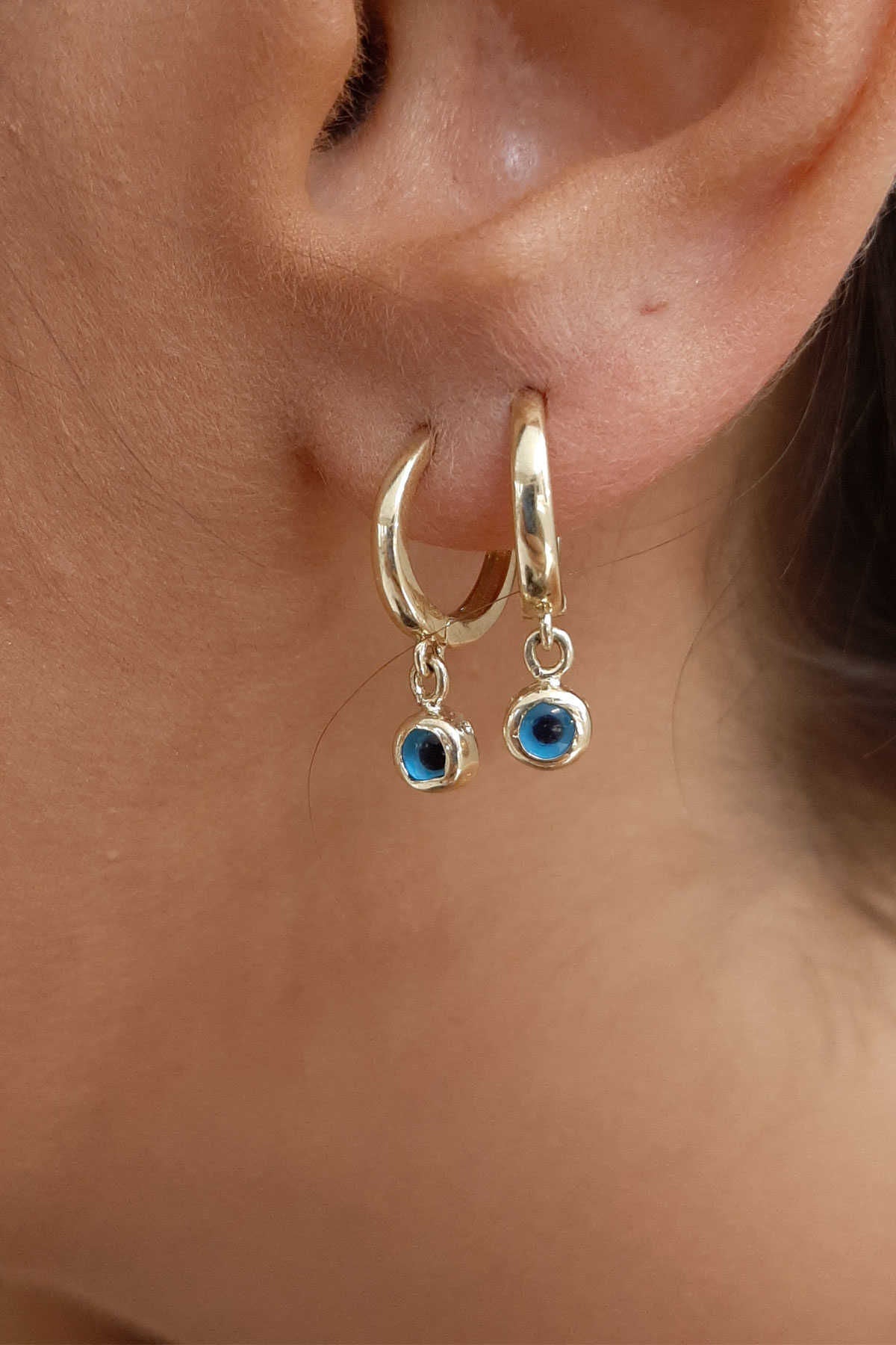 14K Gold Huggie Earrings Evil Eye Dangle