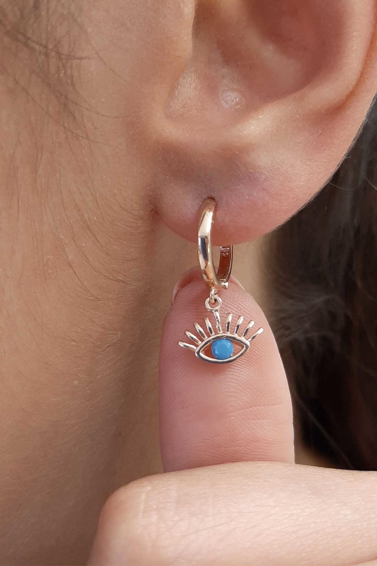 14K Gold Huggie Earrings Evil Eye Dangle