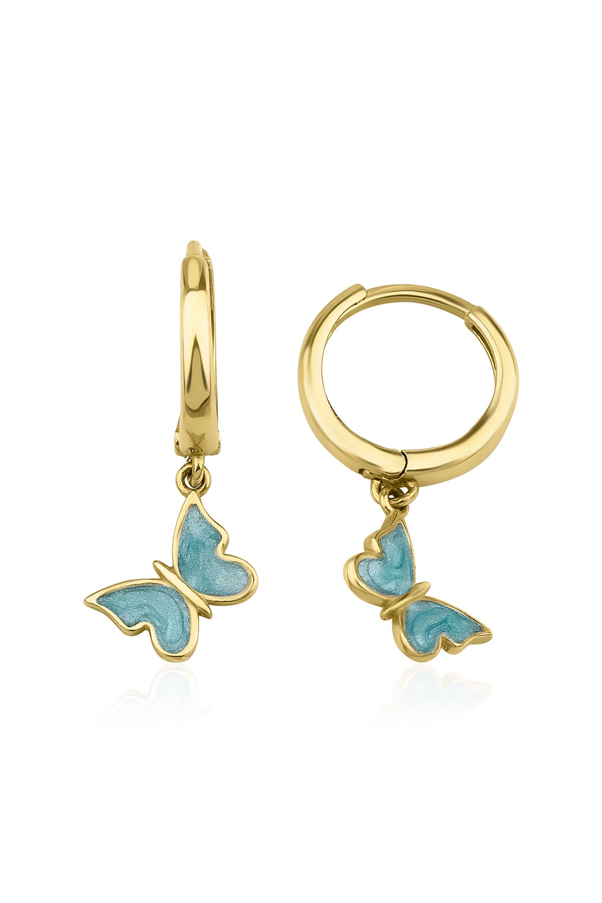 14K Gold Huggie Earrings Light Blue Enamel Butterfly Dangle