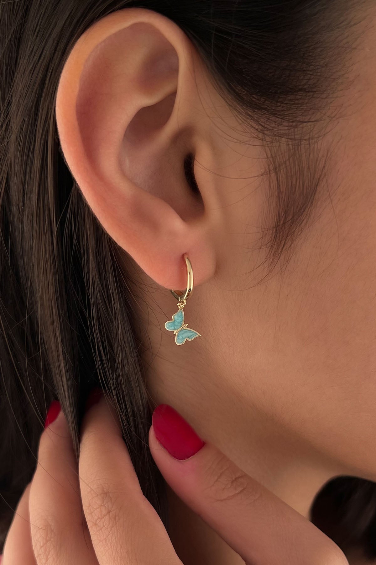 14K Gold Huggie Earrings Light Blue Enamel Butterfly Dangle