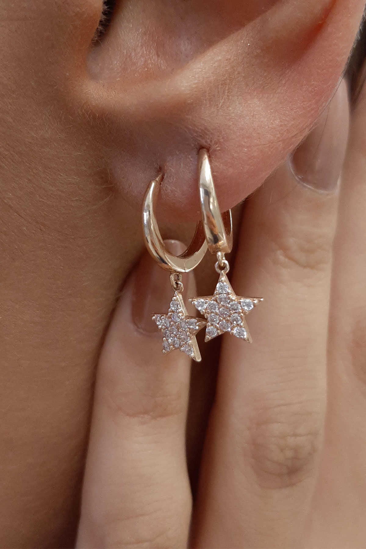 14K Gold Huggie Earrings Stone Star Dangle