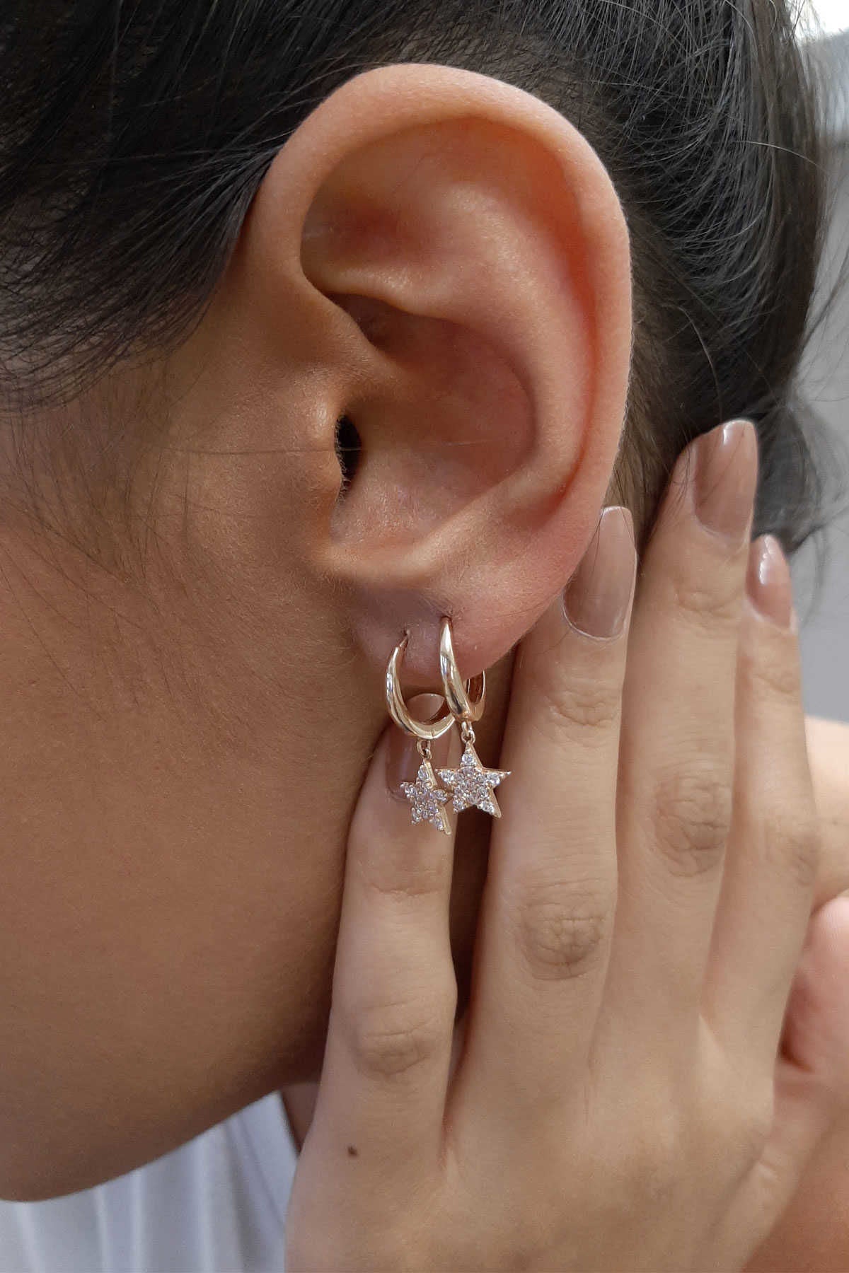 14K Gold Huggie Earrings Stone Star Dangle