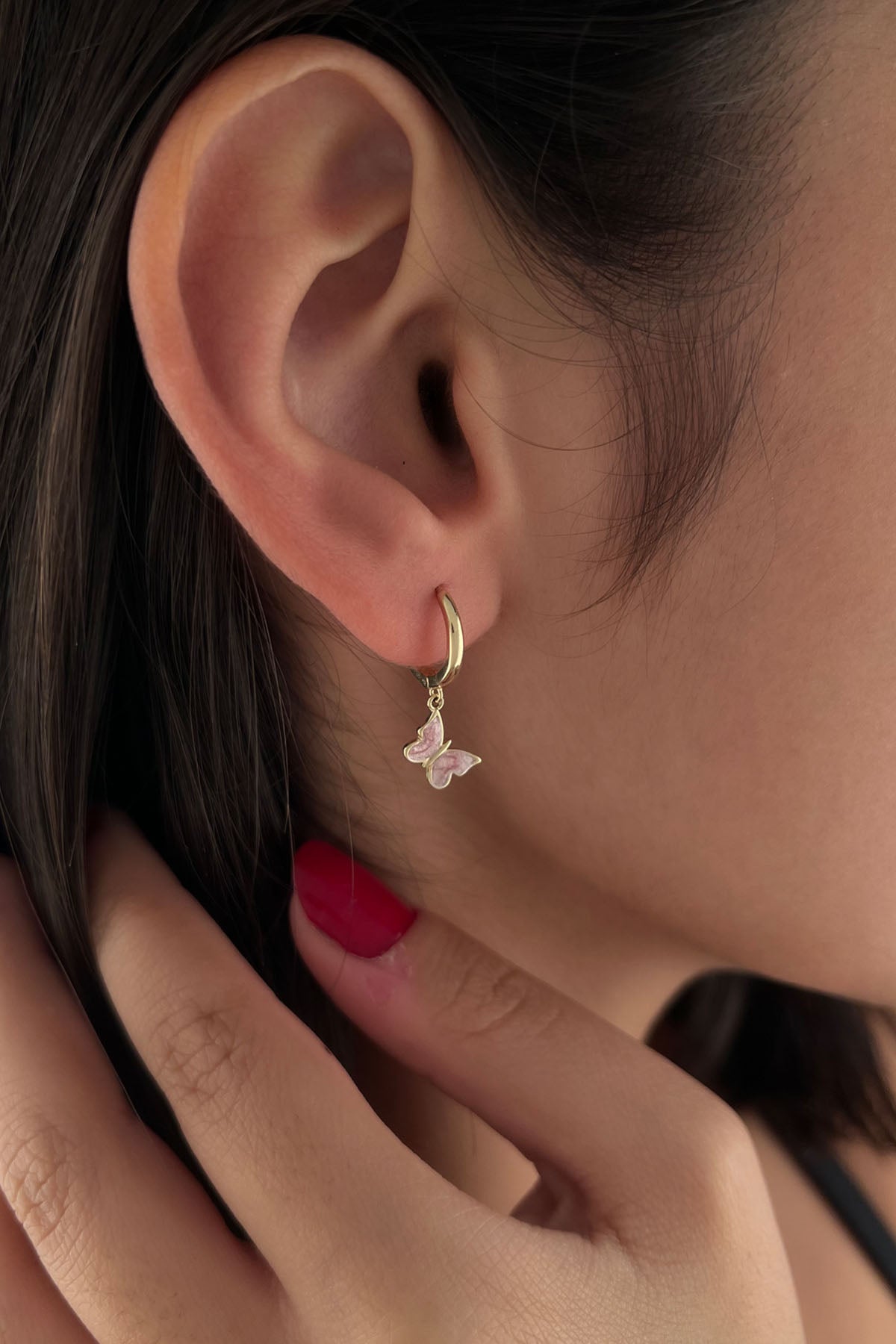 14K Gold Huggie Pink Enamel Butterfly Shaped Dangle Earrings