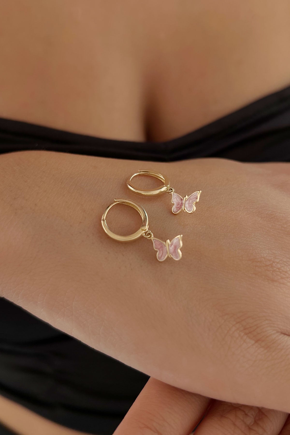 14K Gold Huggie Pink Enamel Butterfly Shaped Dangle Earrings