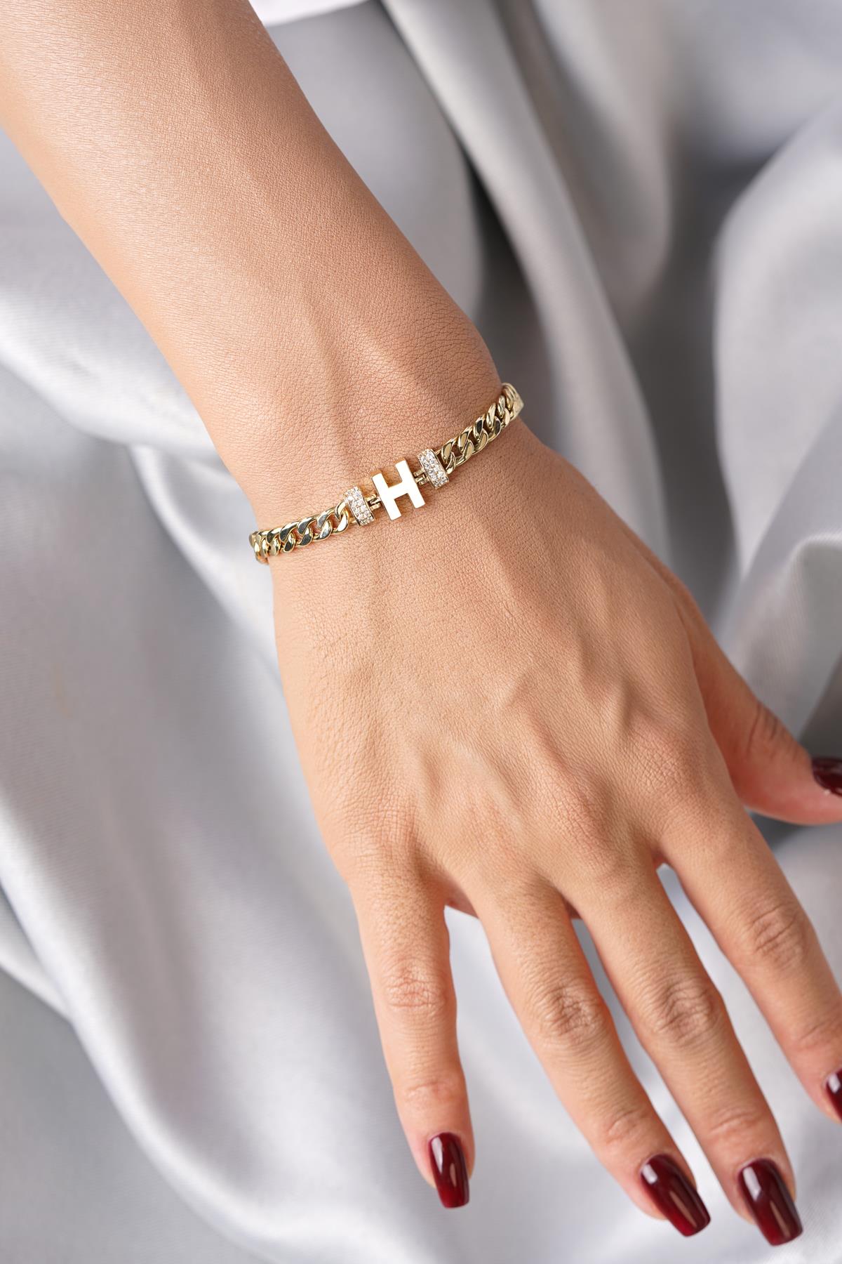 14K Solid Gold Initial H Charm Curb Bracelet