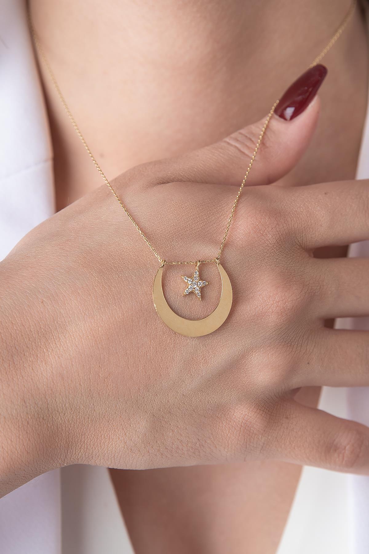 14K Gold Inverted Moon & Star Necklace