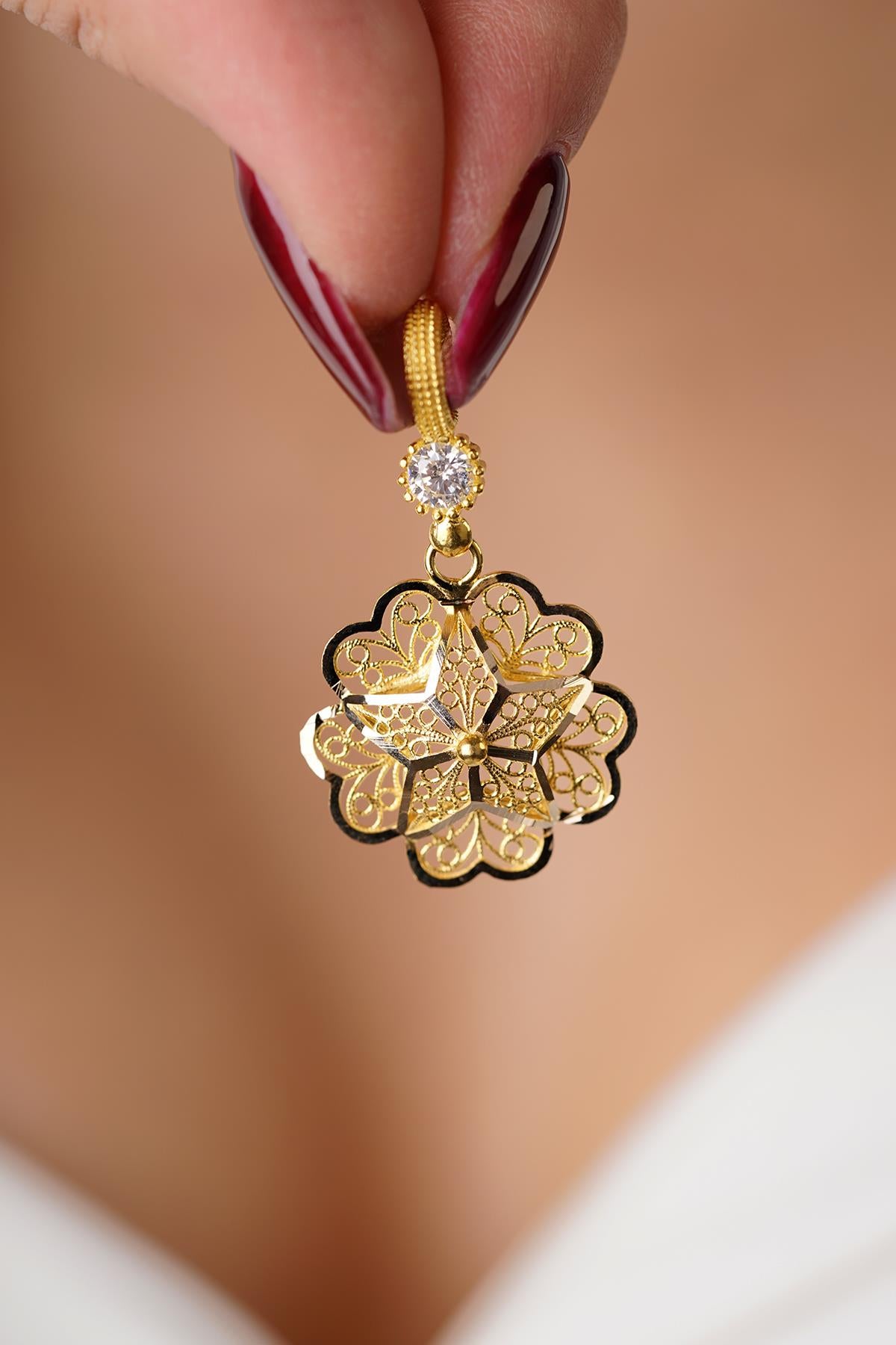 14K Gold Large Filigree Rose Pendant