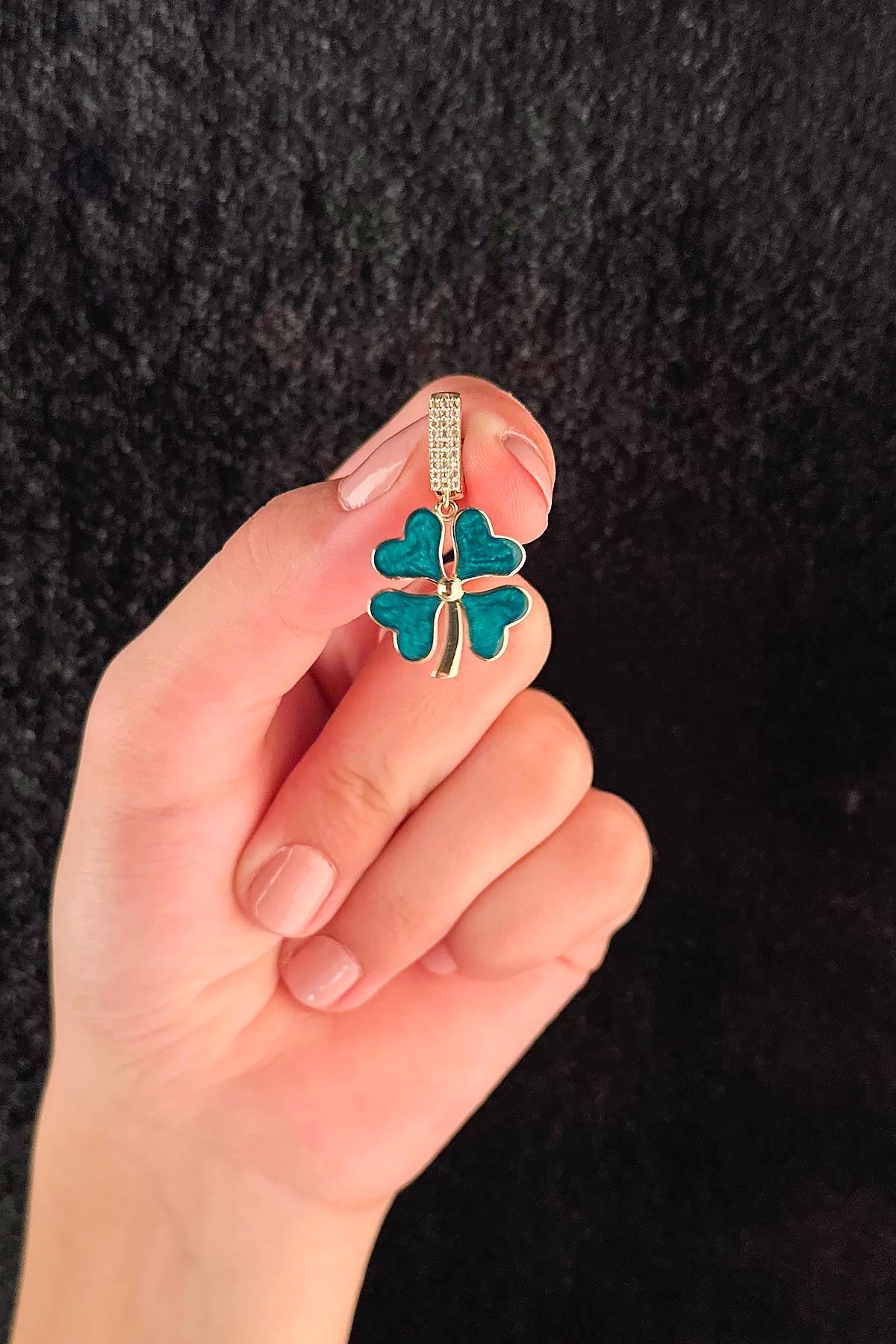 14K Gold Light Blue Enamel Four Leaf Clover Charm