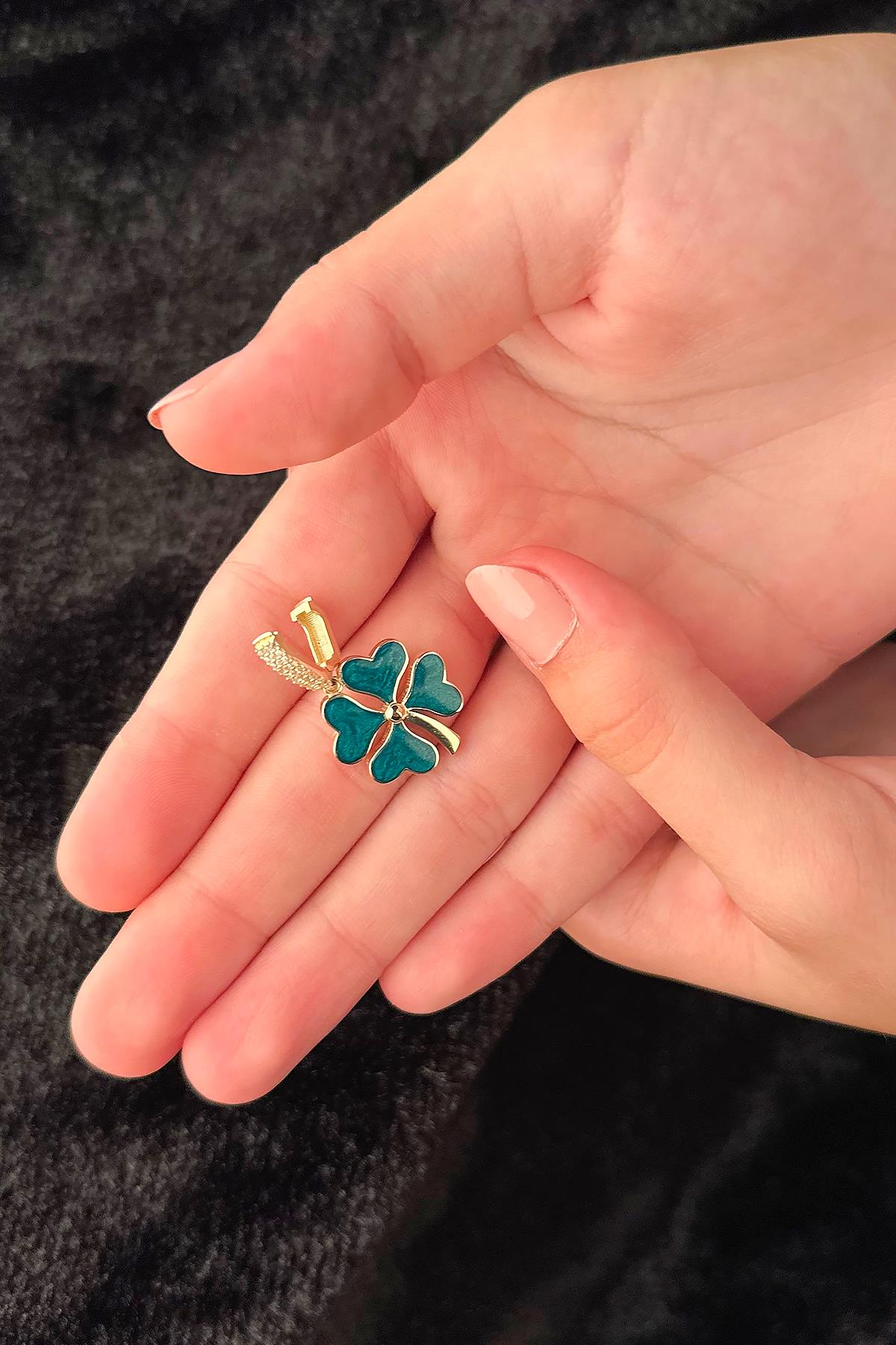 14K Gold Light Blue Enamel Four Leaf Clover Charm
