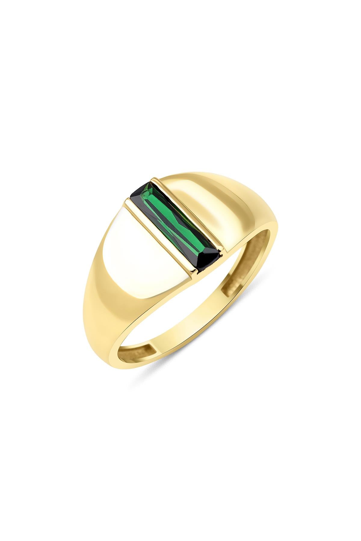 14K Solid Gold Long Green Baguette Ring