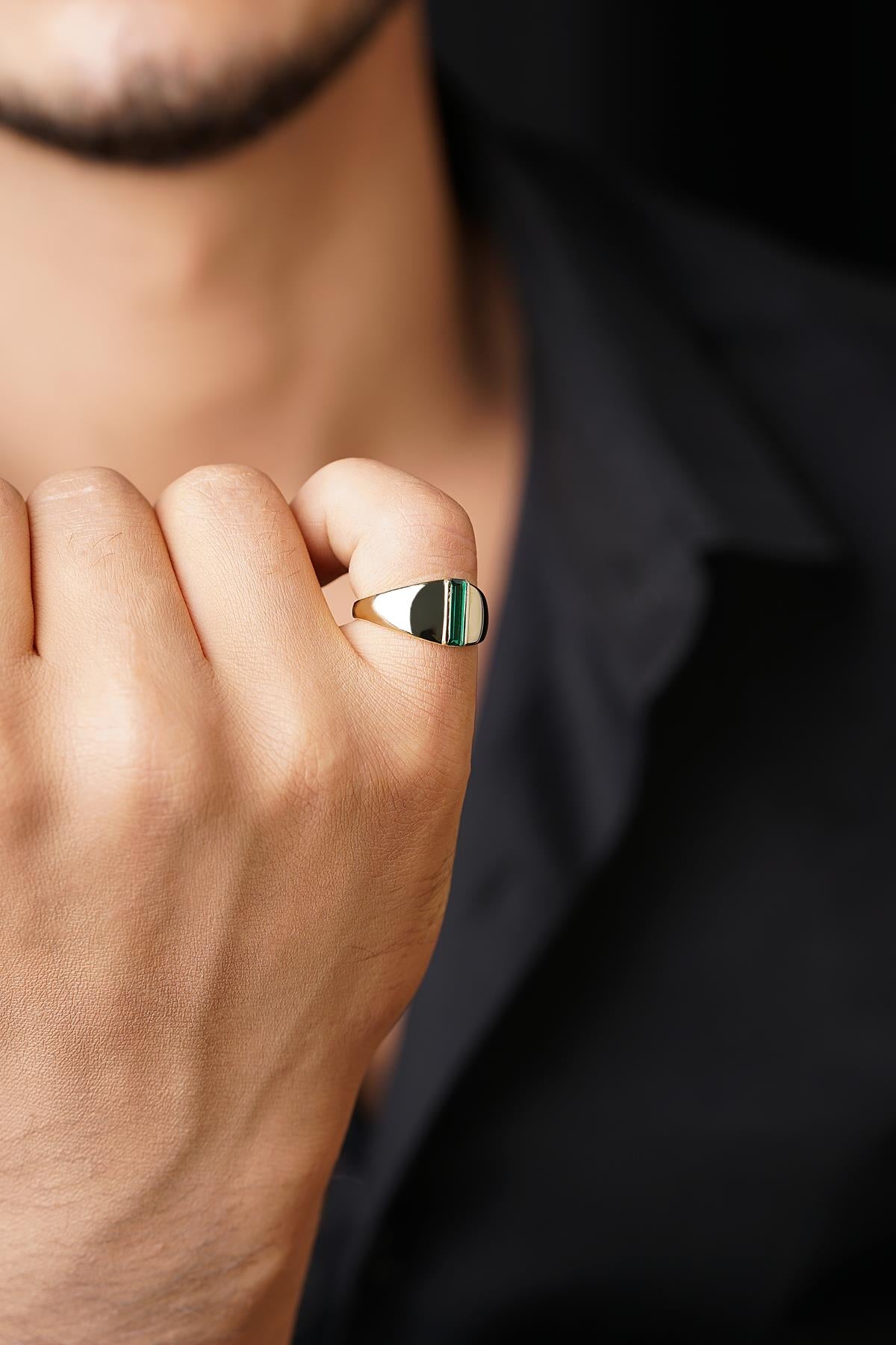 14K Solid Gold Long Green Baguette Ring