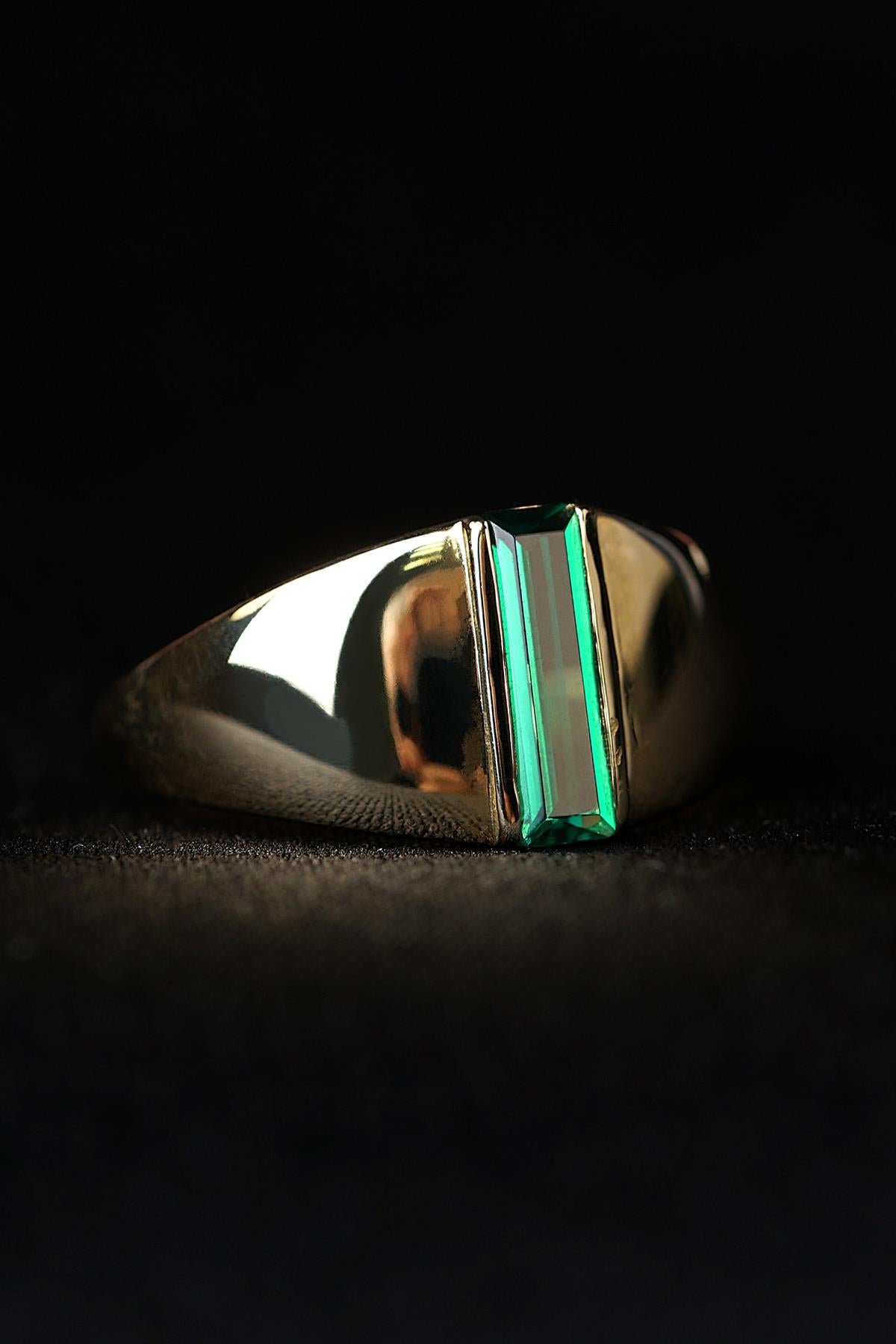 14K Solid Gold Long Green Baguette Ring