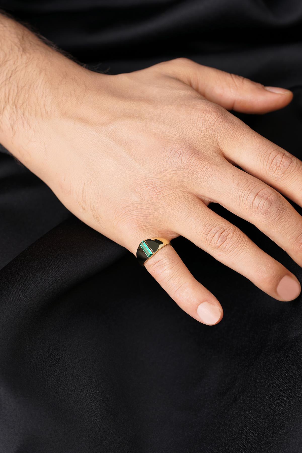 14K Solid Gold Long Green Baguette Ring