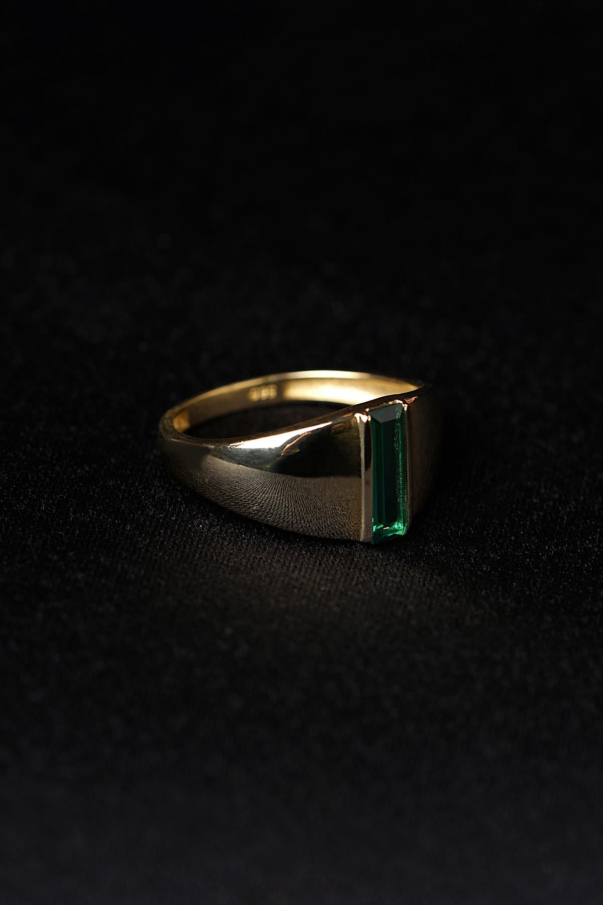 14K Solid Gold Long Green Baguette Ring