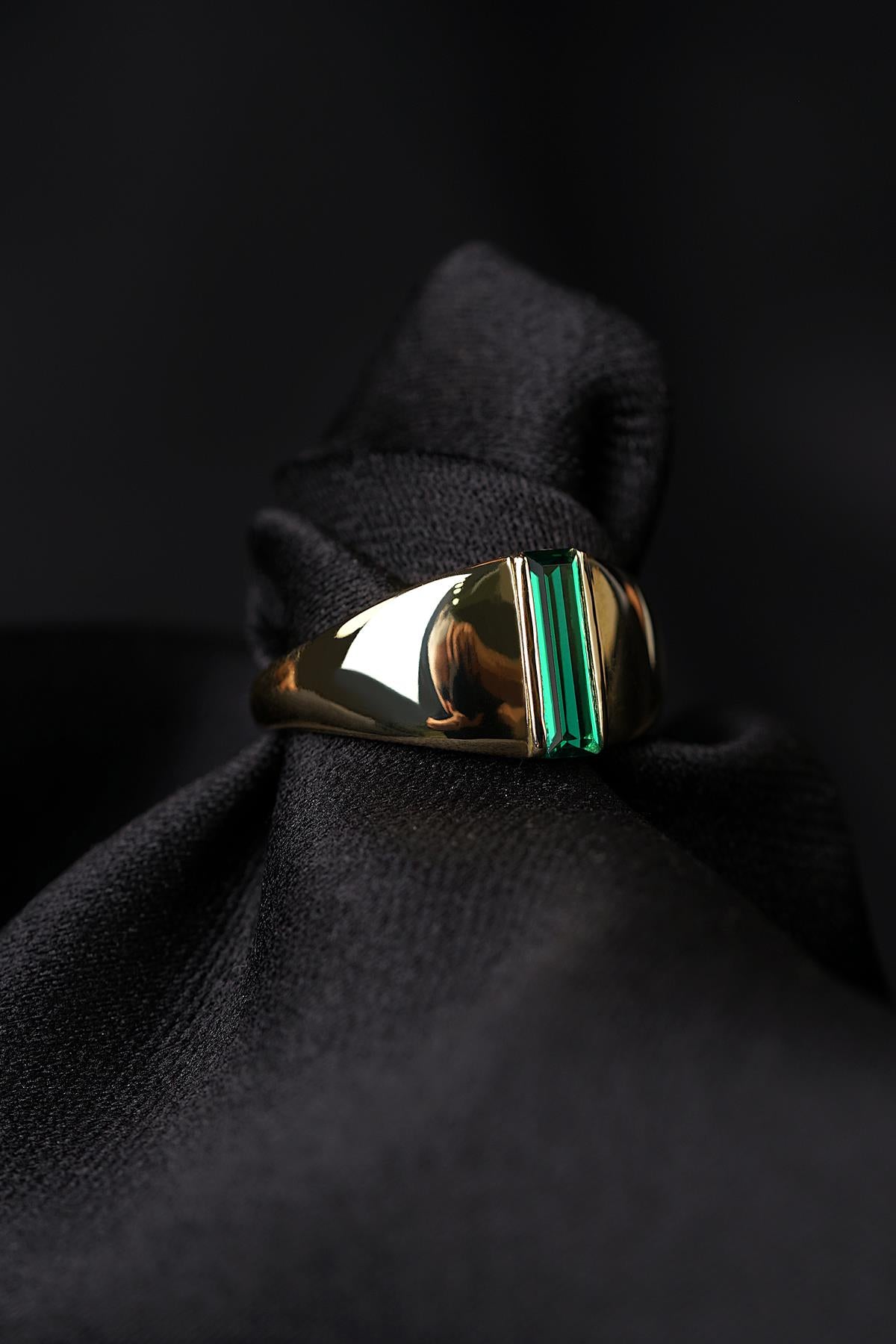 14K Gold Long Green Baguette Ring