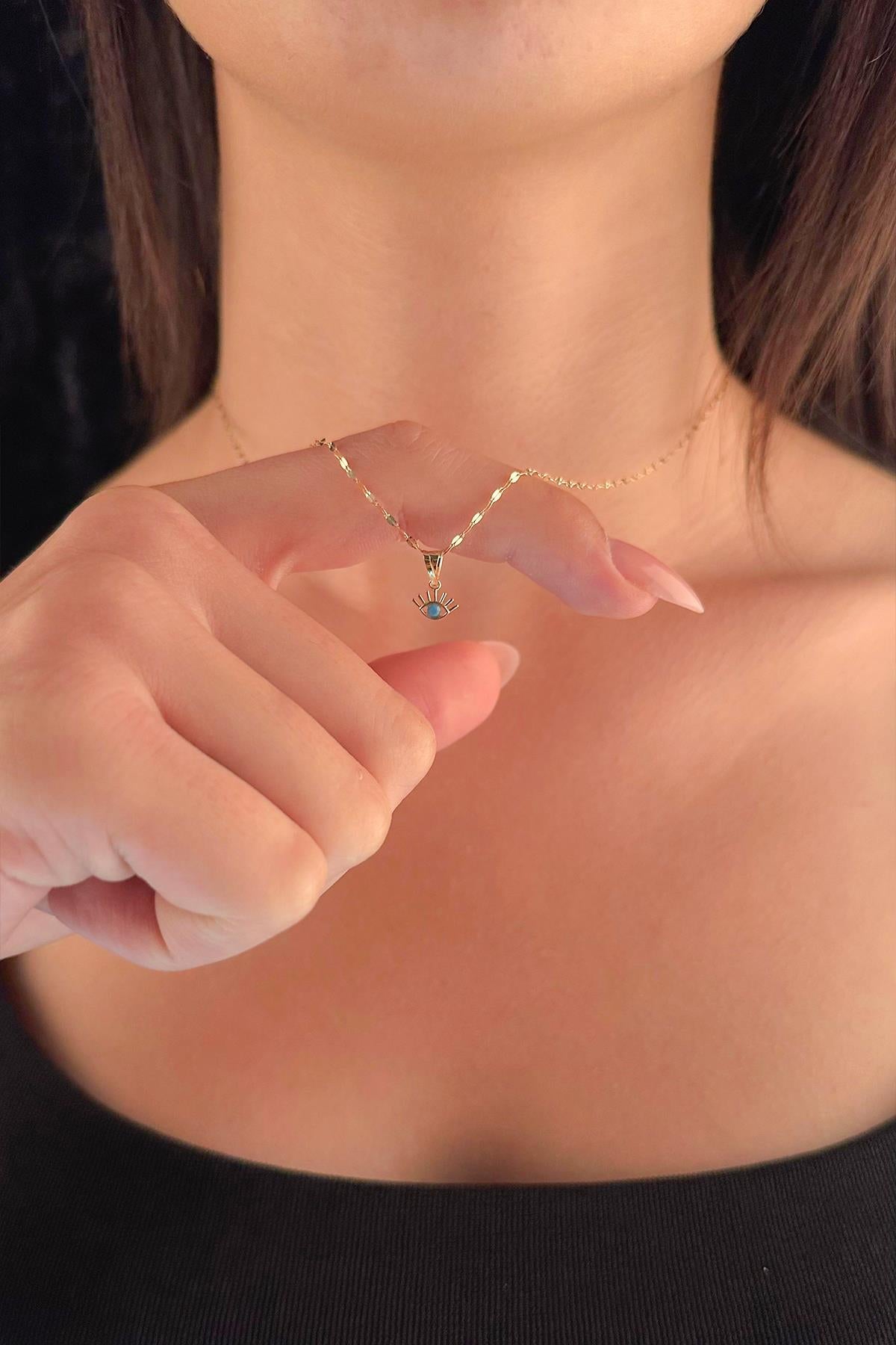 14K Gold Mirror Chain Evil Eye Necklace