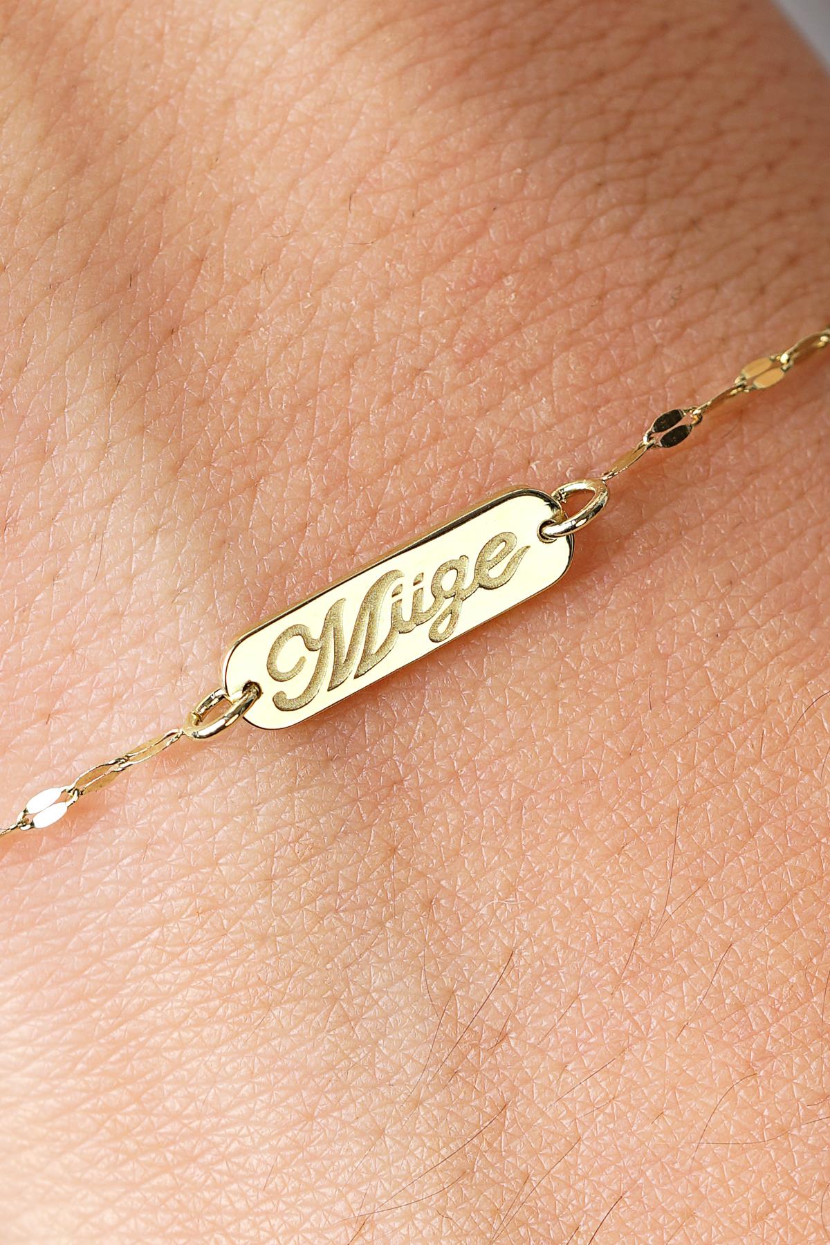 14K Gold Mirror Chain ID Plate Bracelet