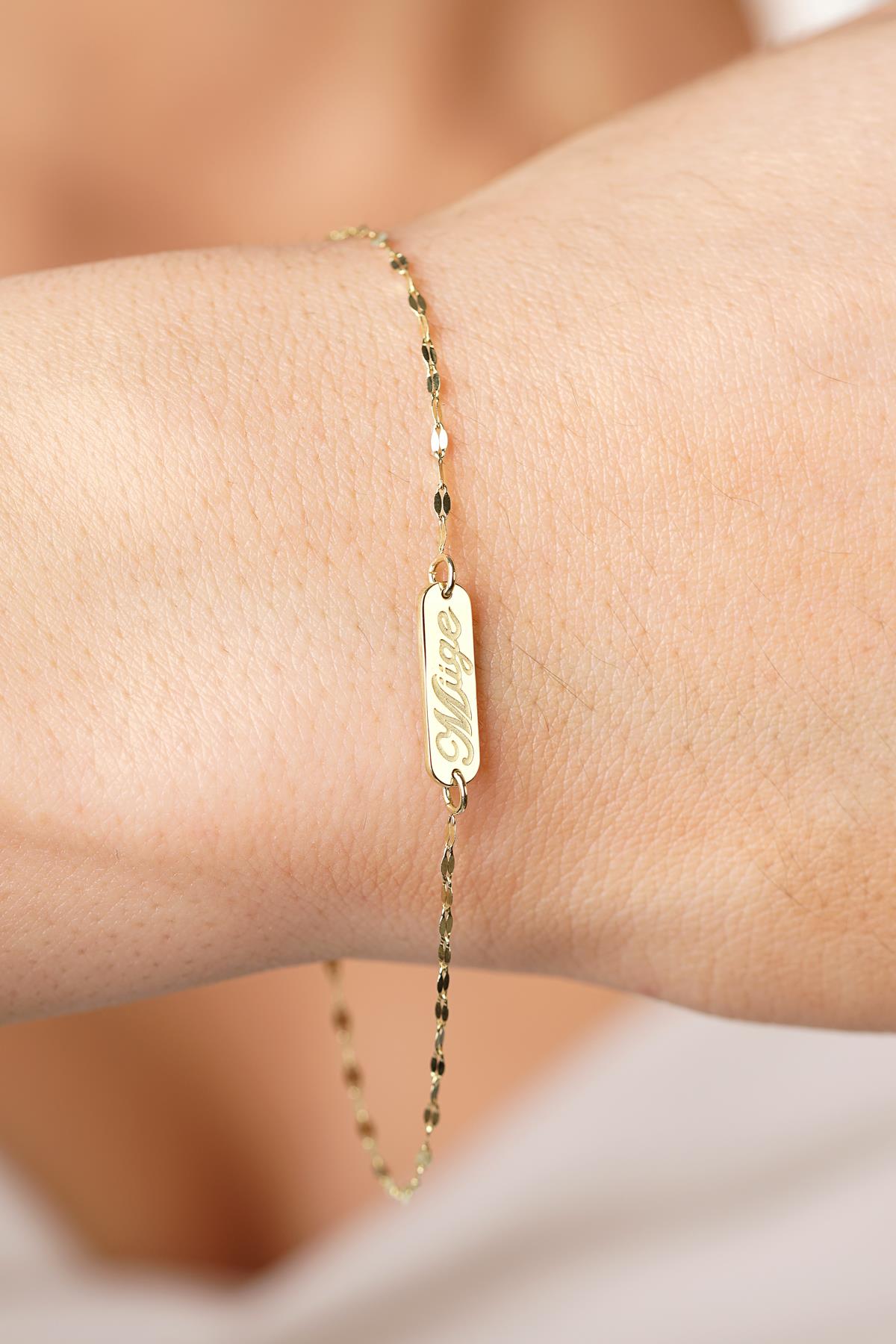 14K Gold Mirror Chain ID Plate Bracelet