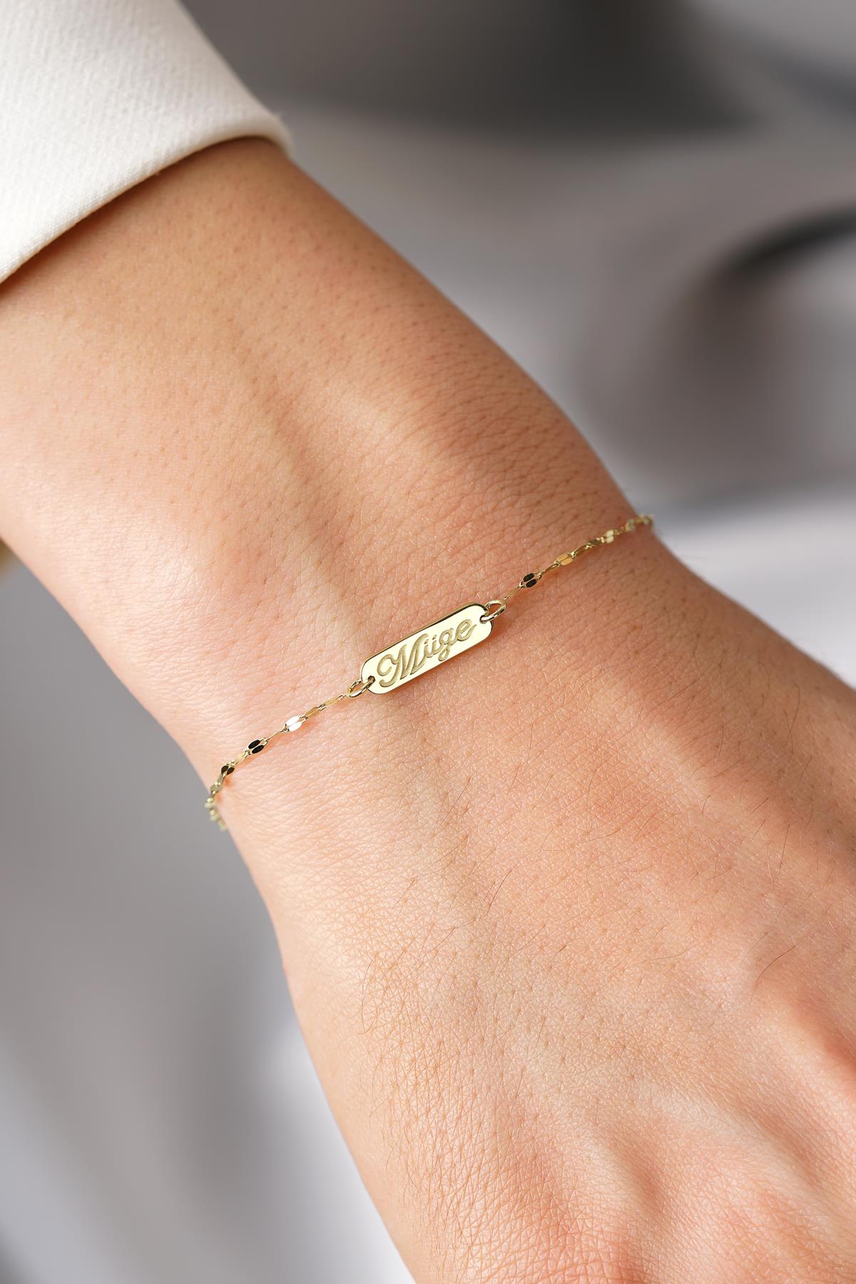 14K Gold Mirror Chain ID Plate Bracelet