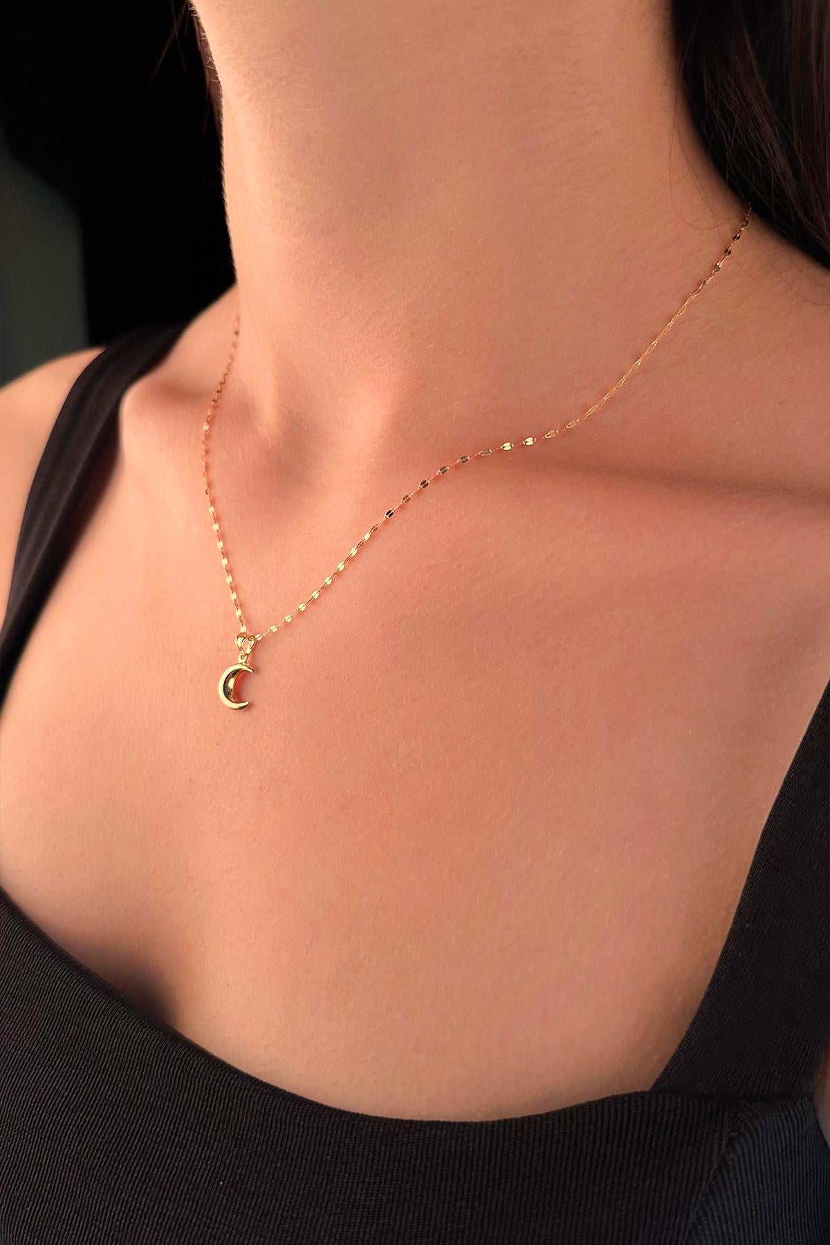 14K Gold Mirror Chain Puff Crescent Necklace