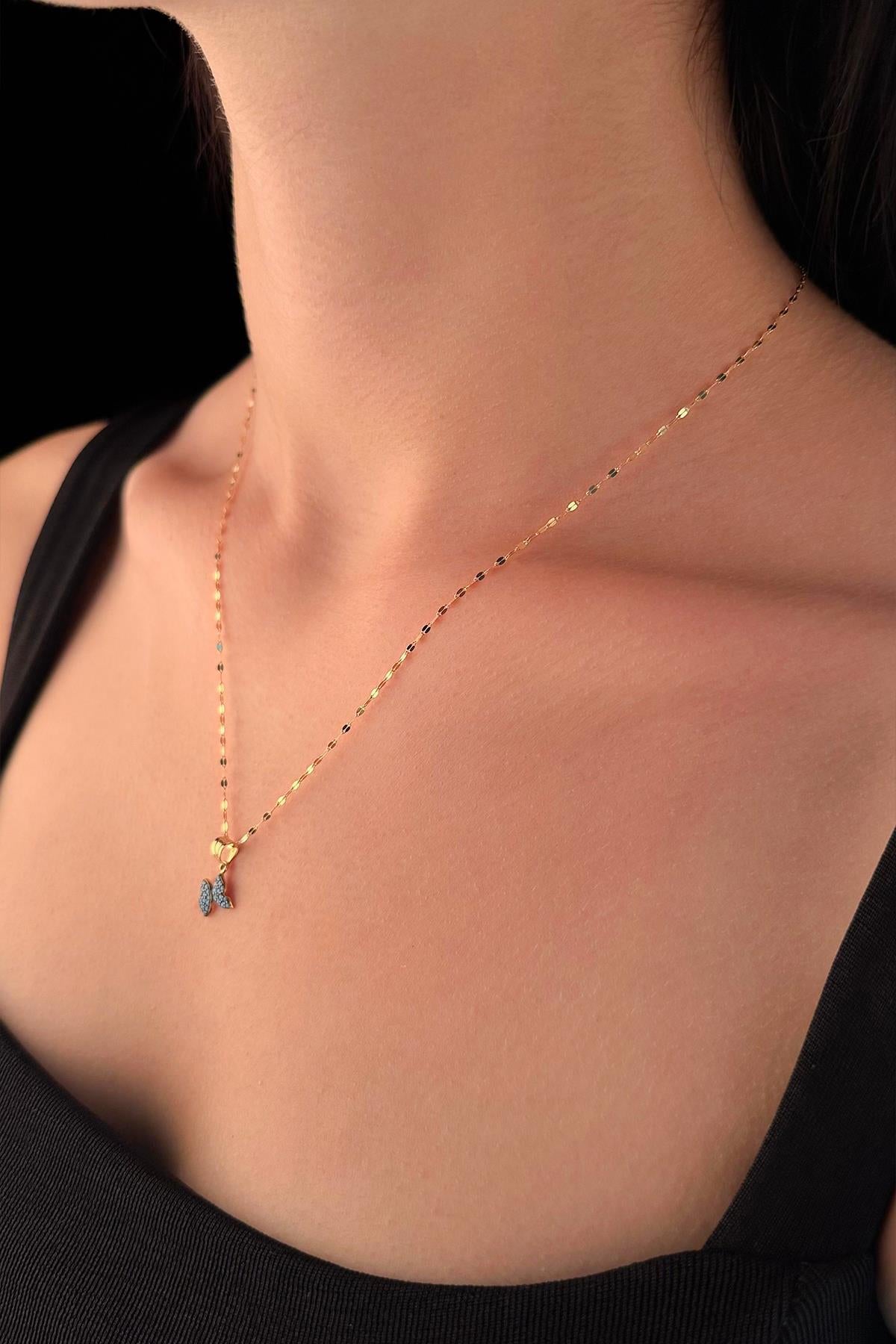 14K Gold Mirror Chain Turquoise Stone Butterfly Necklace