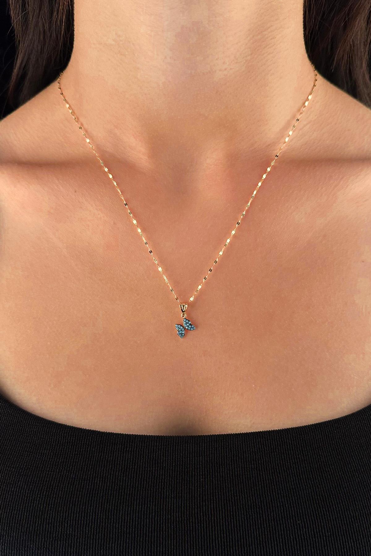 14K Gold Mirror Chain Turquoise Stone Butterfly Necklace