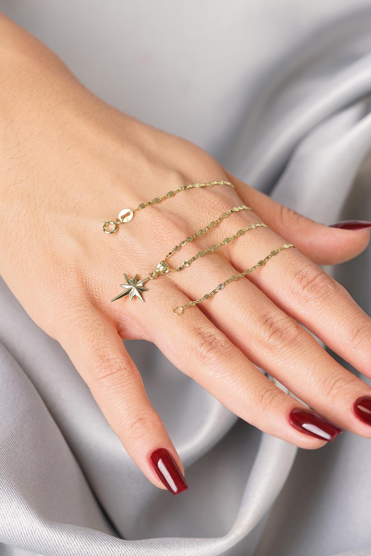 14K Gold Mirror Link Mariner Chain North Star Necklace