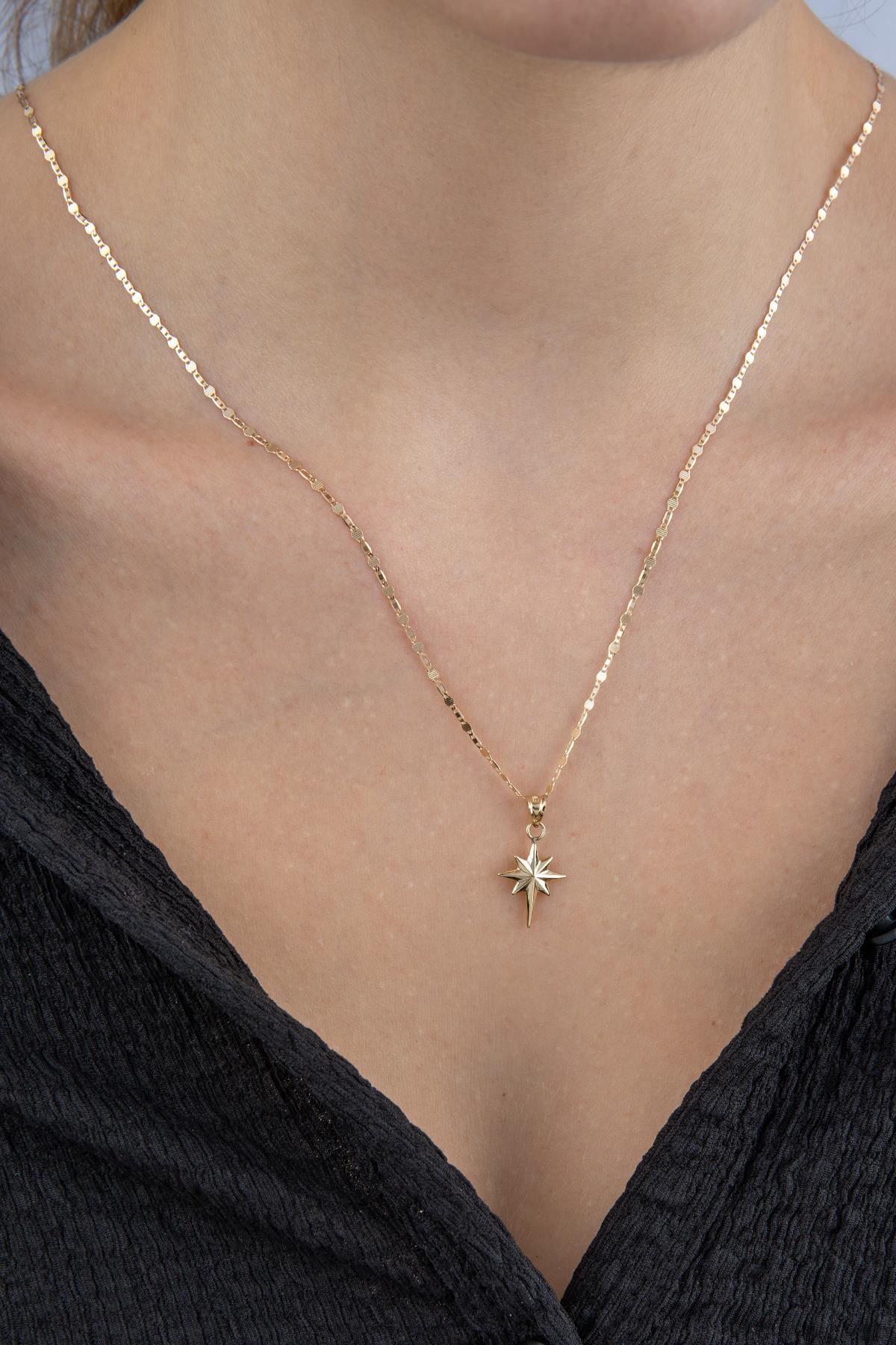 14K Gold Mirror Link Mariner Chain North Star Necklace