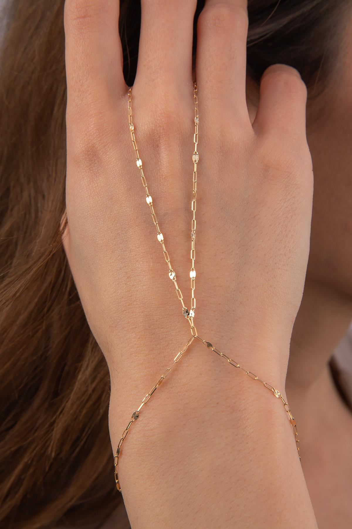 14K Gold Mirror Link Paperclip Hand Chain