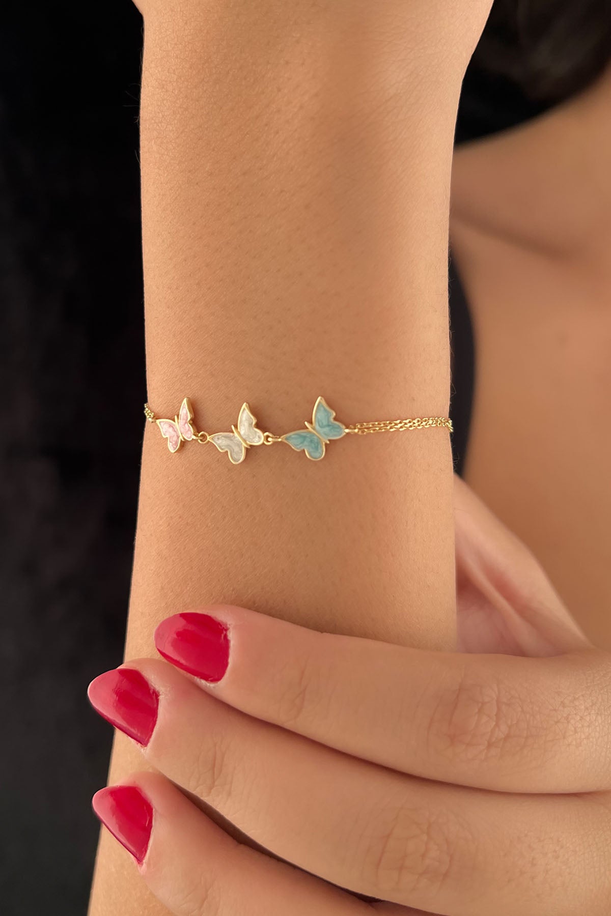 14K Gold Multi Color Enamel Butterfly Charm Bracelet 1