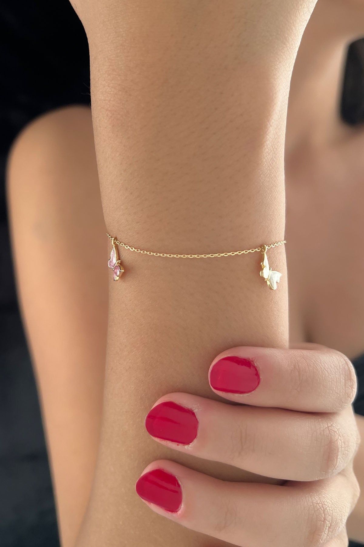 14K Gold Multi Color Enamel Butterfly Charm Bracelet 2