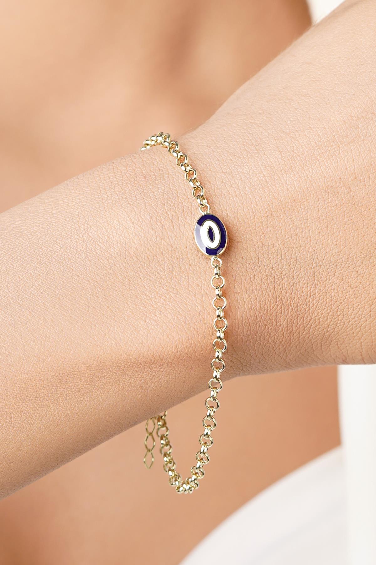 14K Gold Navy Enamel Evil Eye Bracelet