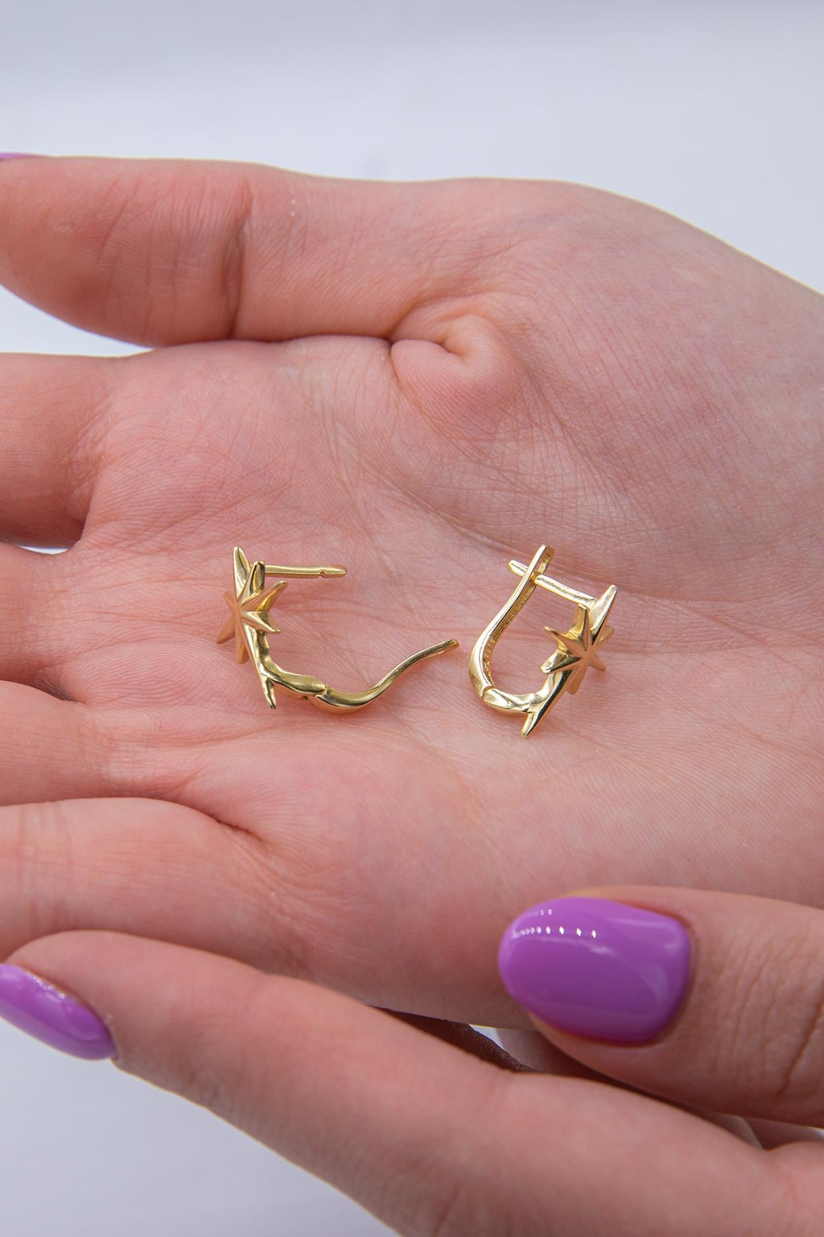 14K Gold North Star Charm Huggie Hoop Earrings