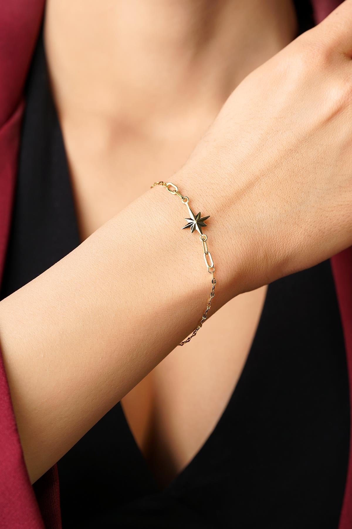 14K Gold North Star Mirror Chain Bracelet