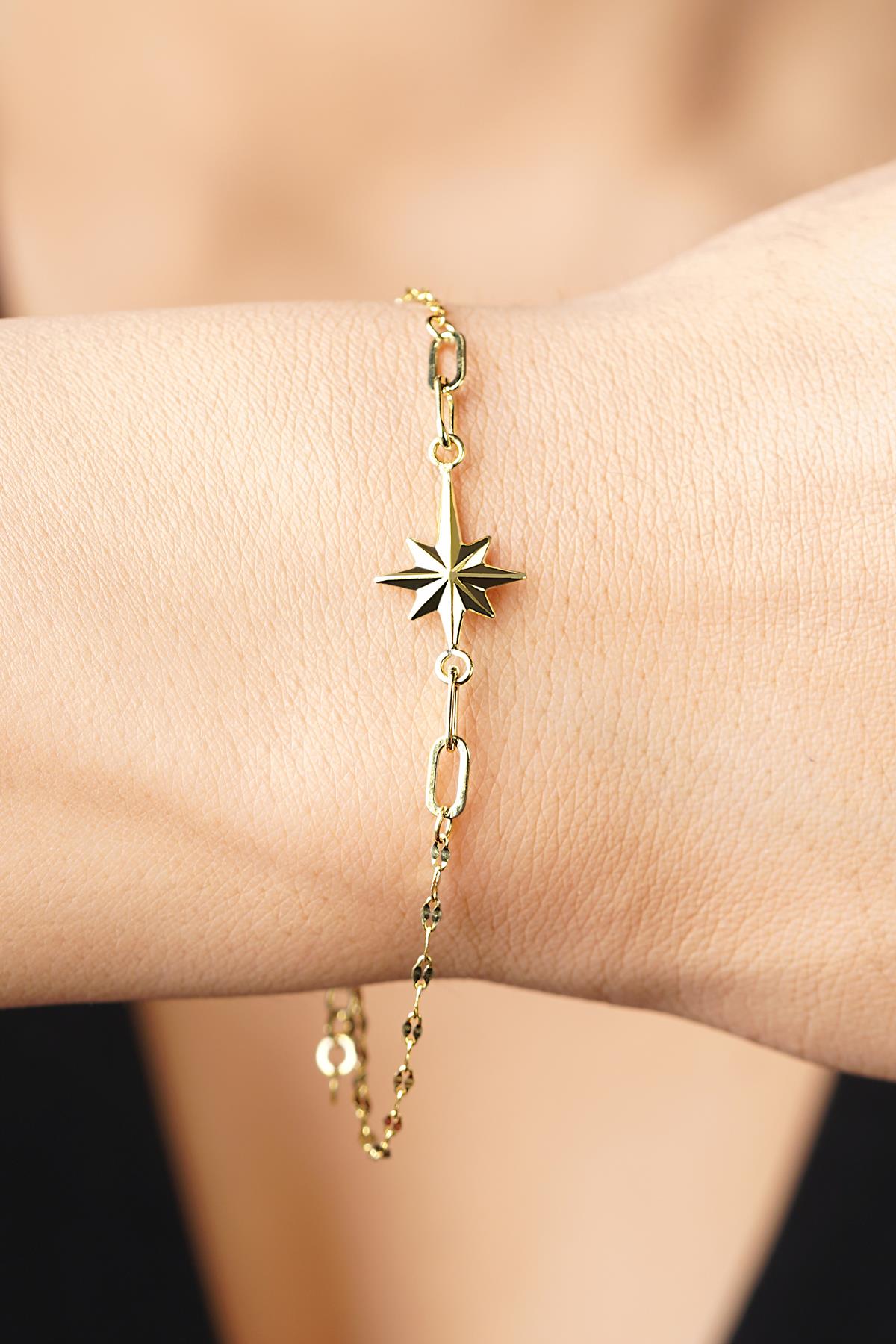 14K Gold North Star Mirror Chain Bracelet
