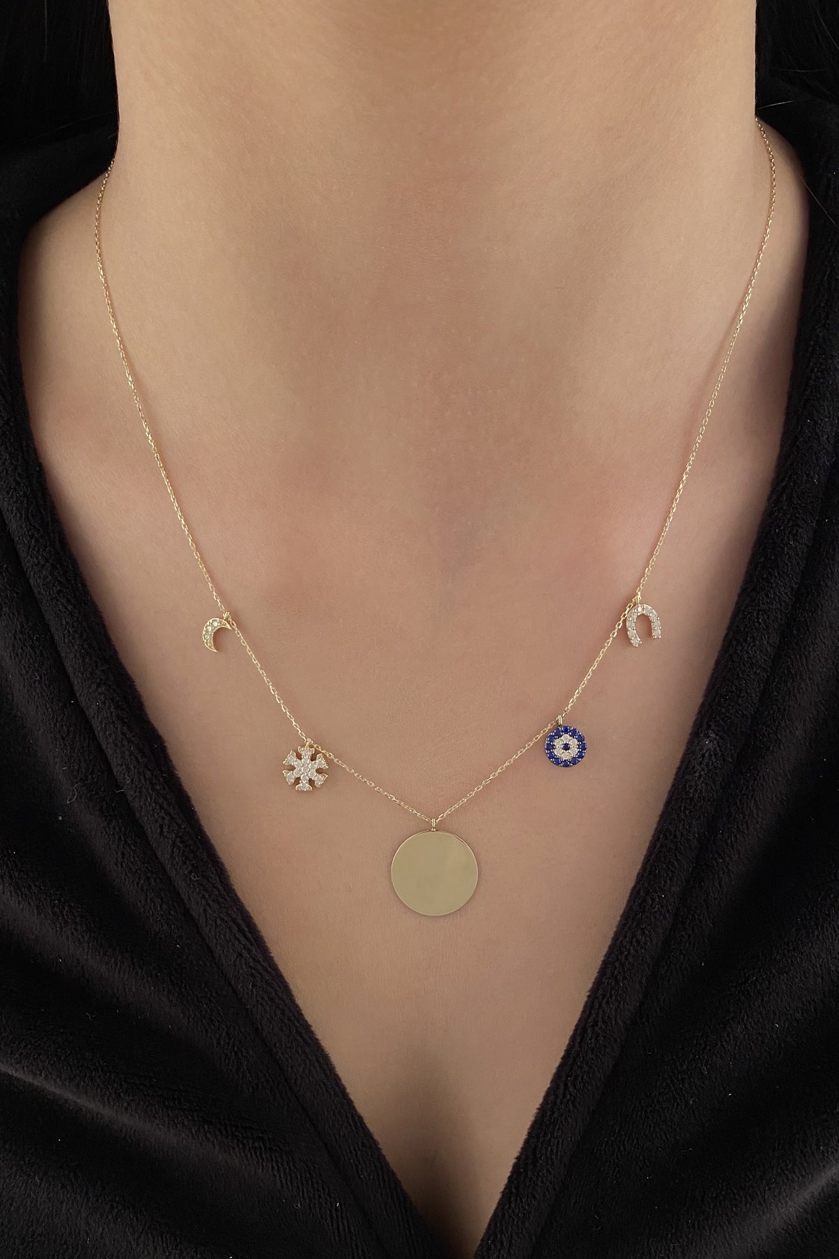 14K Gold Oval Plate Lucky Charms Necklace