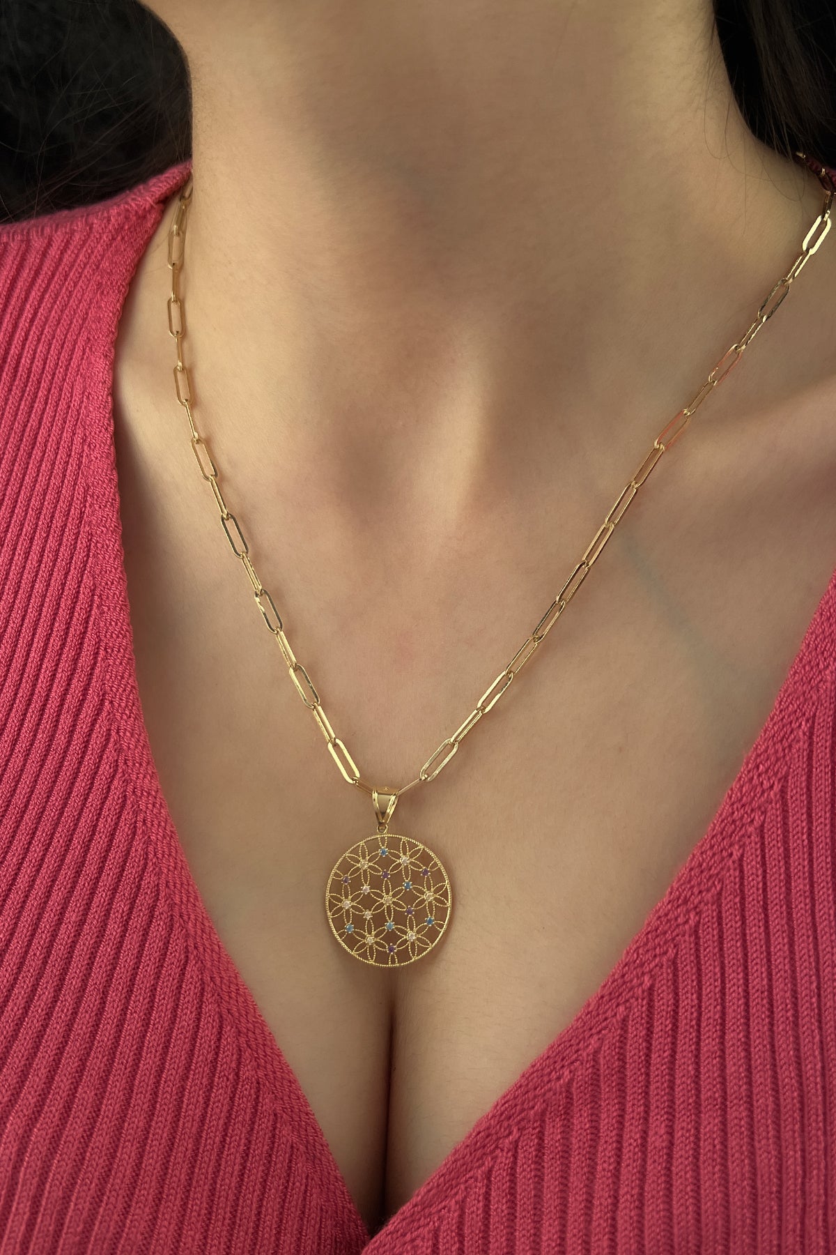 14K Gold Paperclip Chain Flower of Life Necklace