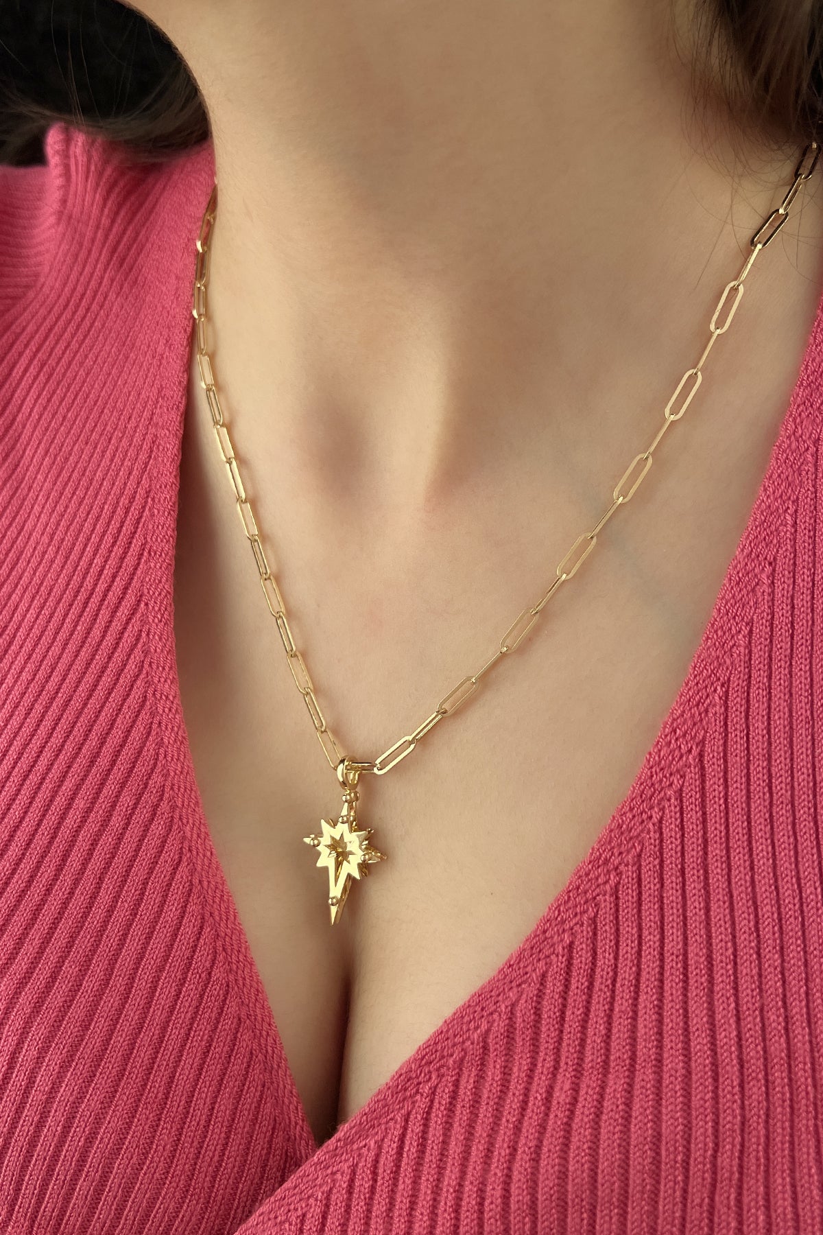 14K Gold Paperclip Chain Polar Star Necklace