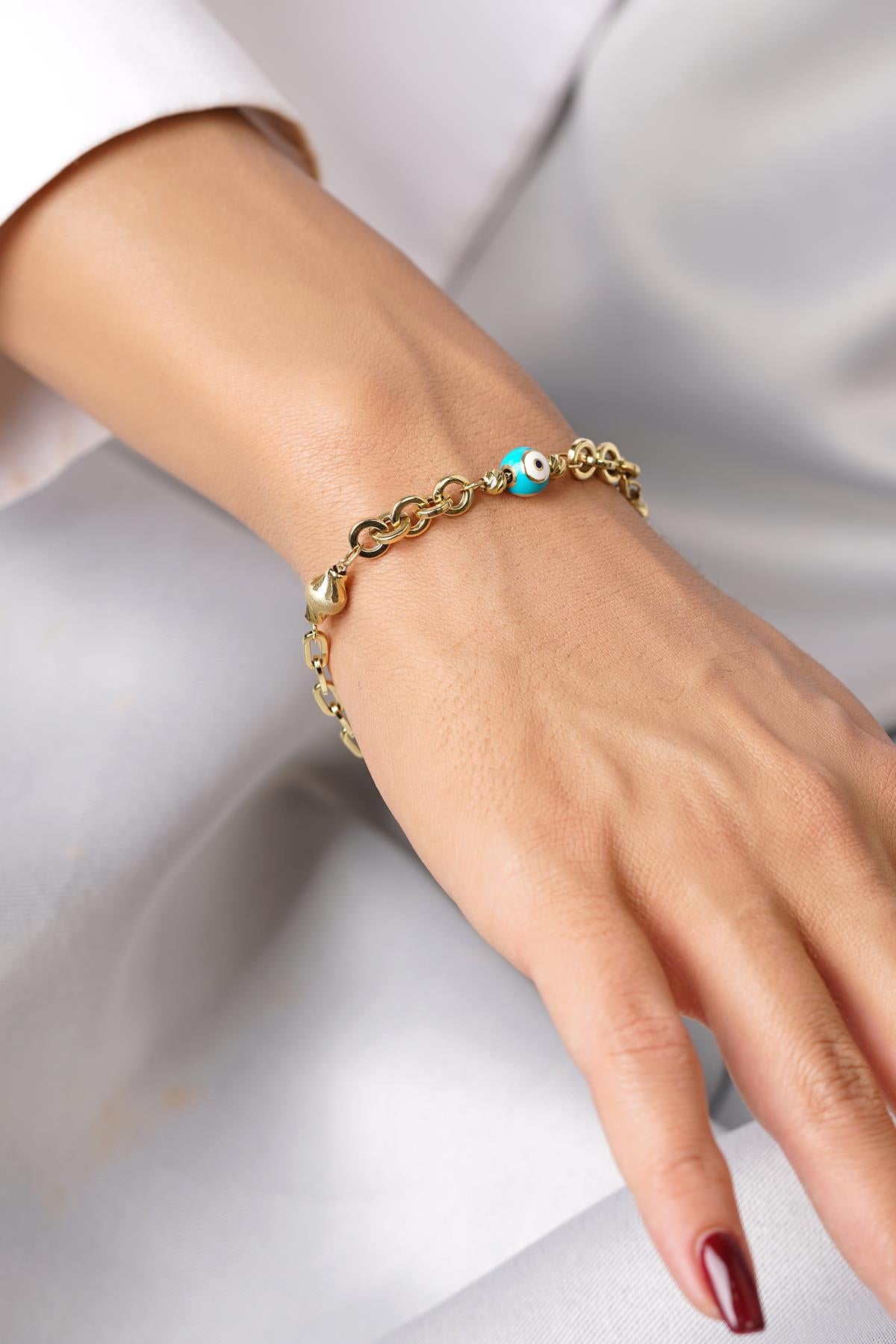 14K Gold Paperclip Evil Eye Special Designed Bracelet