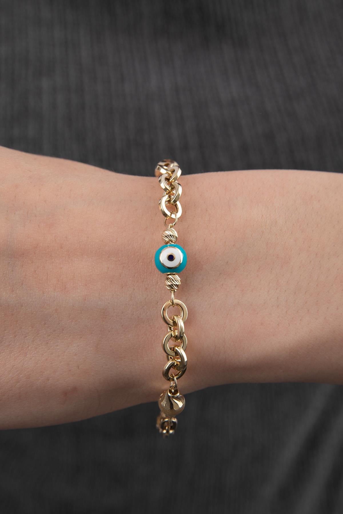 14K Gold Paperclip Evil Eye Special Designed Bracelet