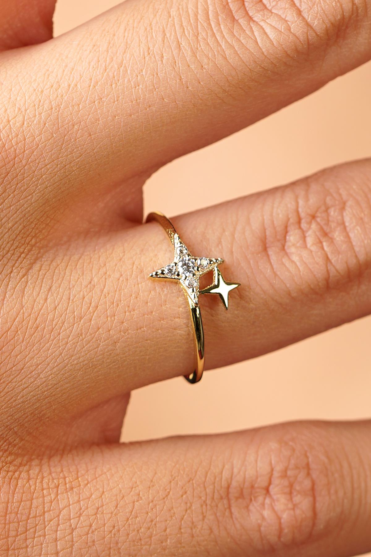 14K Gold Pave Double Star Ring