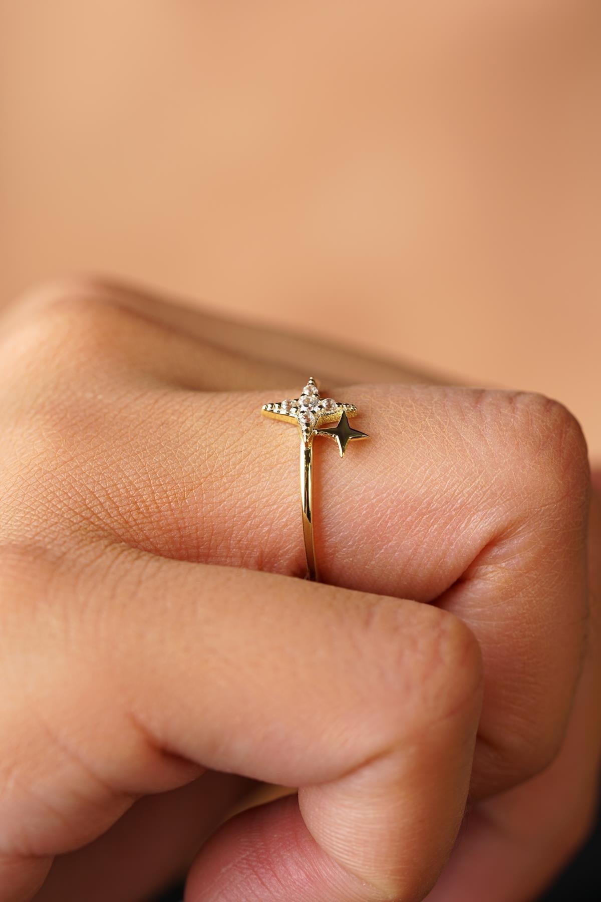 14K Gold Pave Double Star Ring