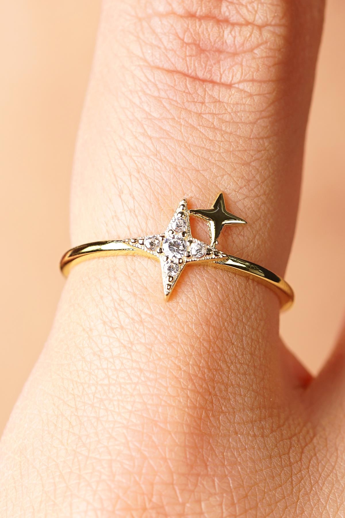 14K Gold Pave Double Star Ring