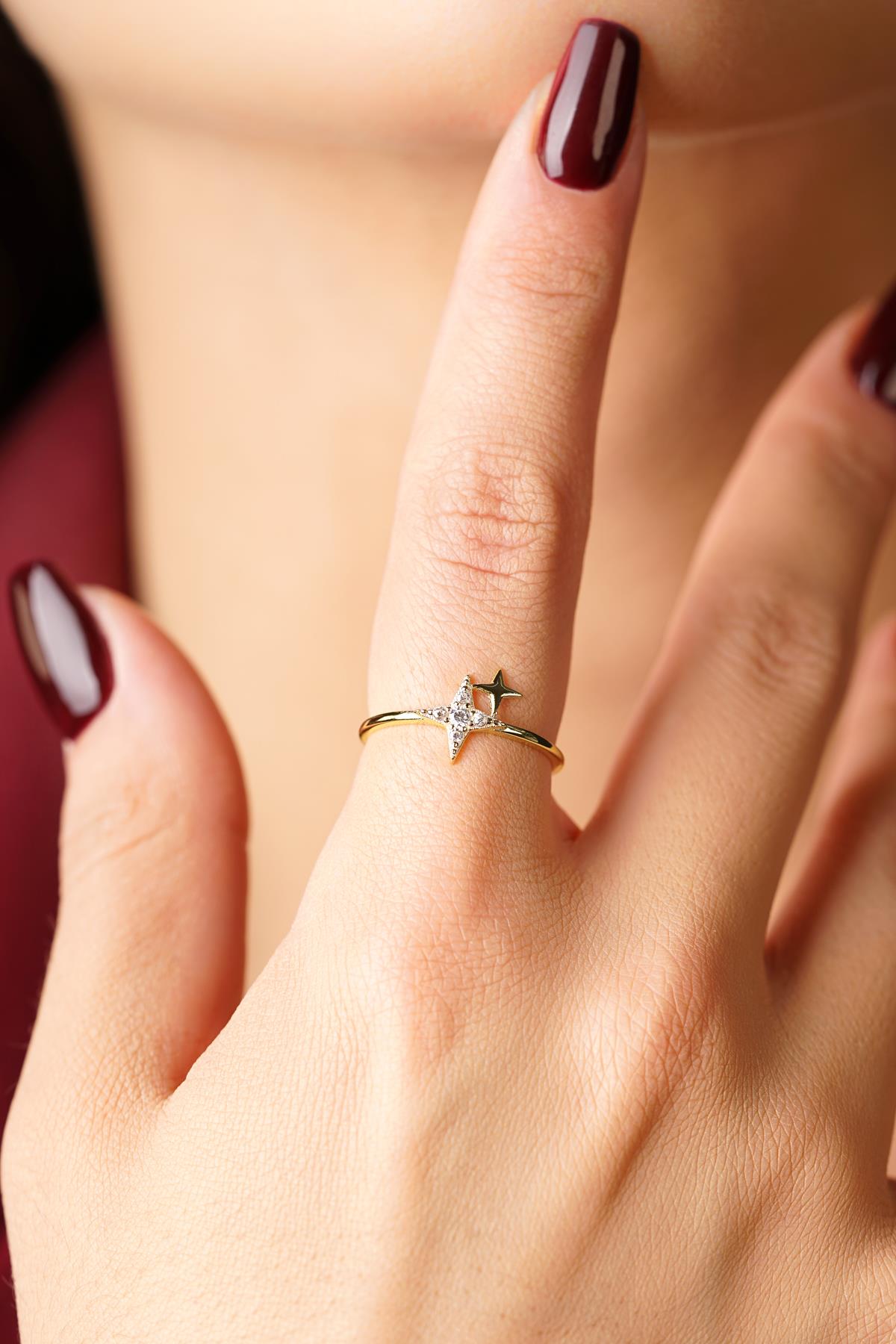14K Gold Pave Double Star Ring