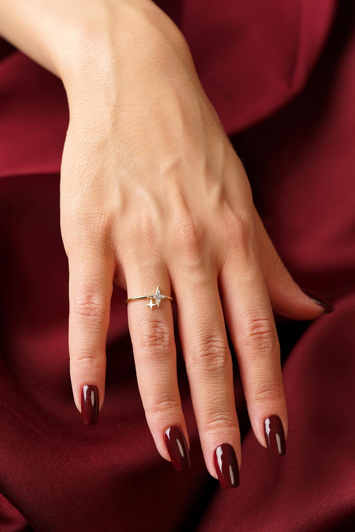 14K Gold Pave Double Star Ring