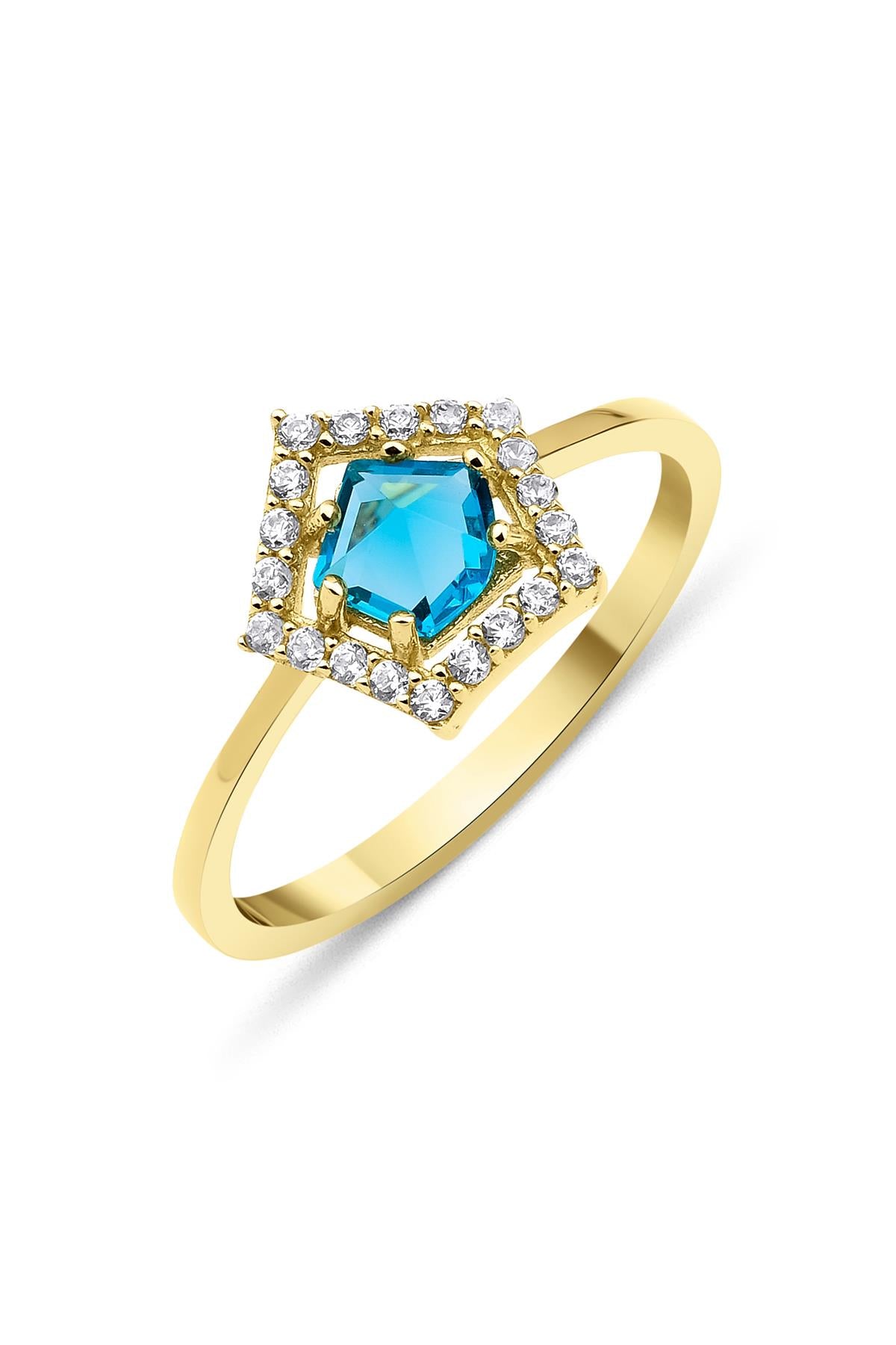 14K Gold Pentagon Shaped Ring With Blue Aquamarine Stone